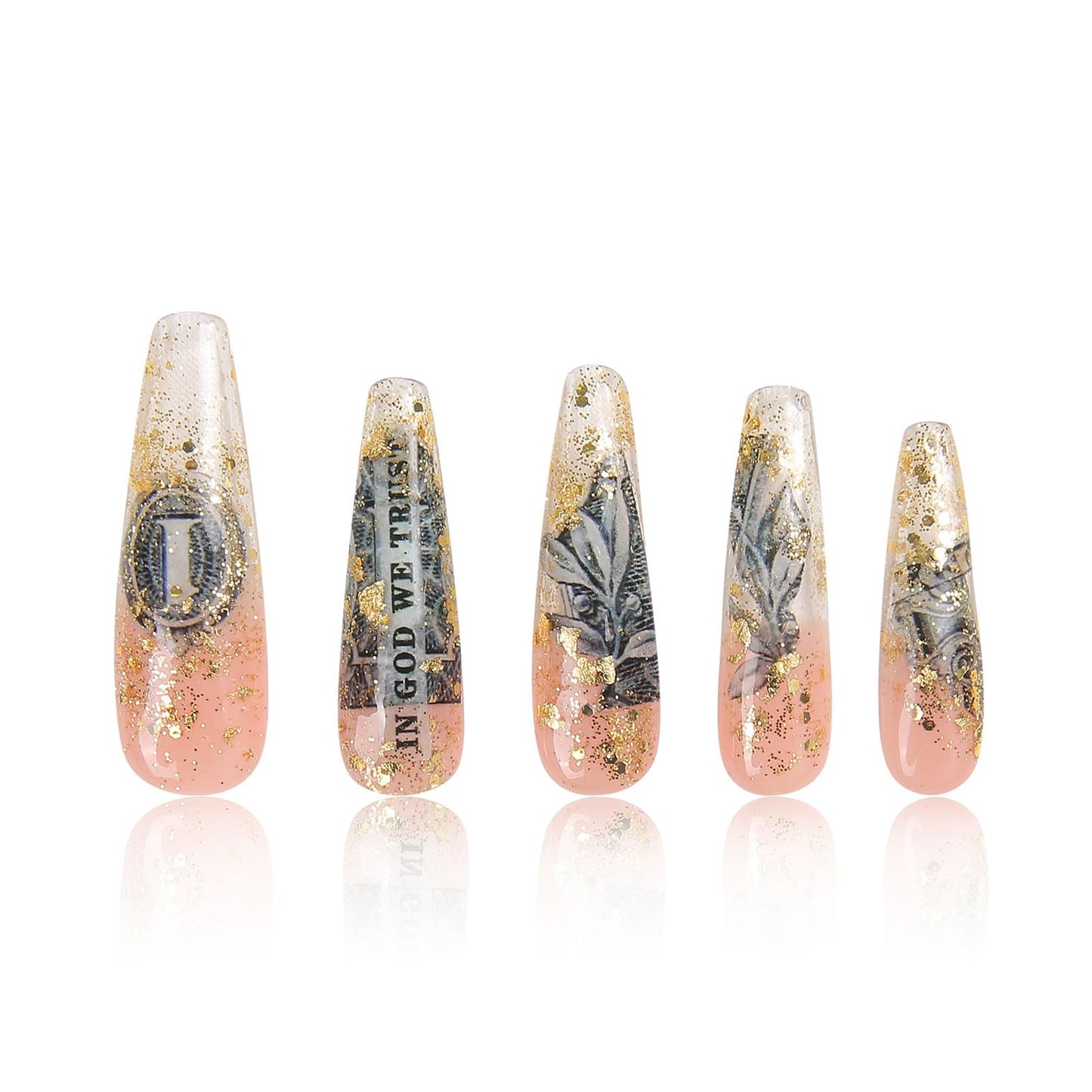 LOVFUL Press on Nails Dollar | Handmade with Full Covered Crystals | Reusable Fake Nails | Coffin Mid length 1.7 in | H98-S