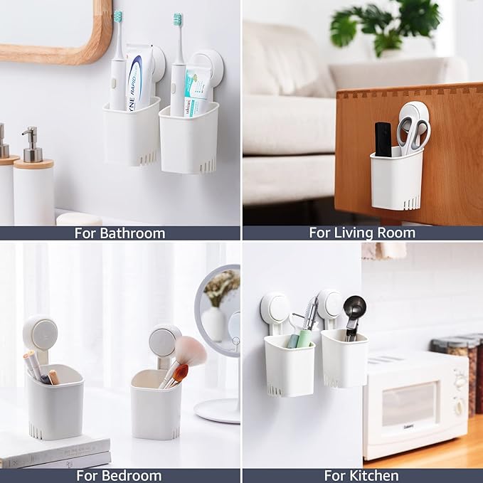 TAILI Suction Toothbrush Holder for Shower Wall, No Nail, No Glue, No Tool! Self-draining Shower Cup for Razor, Toothpaste, Kitchen Tableware, Strong Suction Cup Toothbrush Holders for Bathroom, White