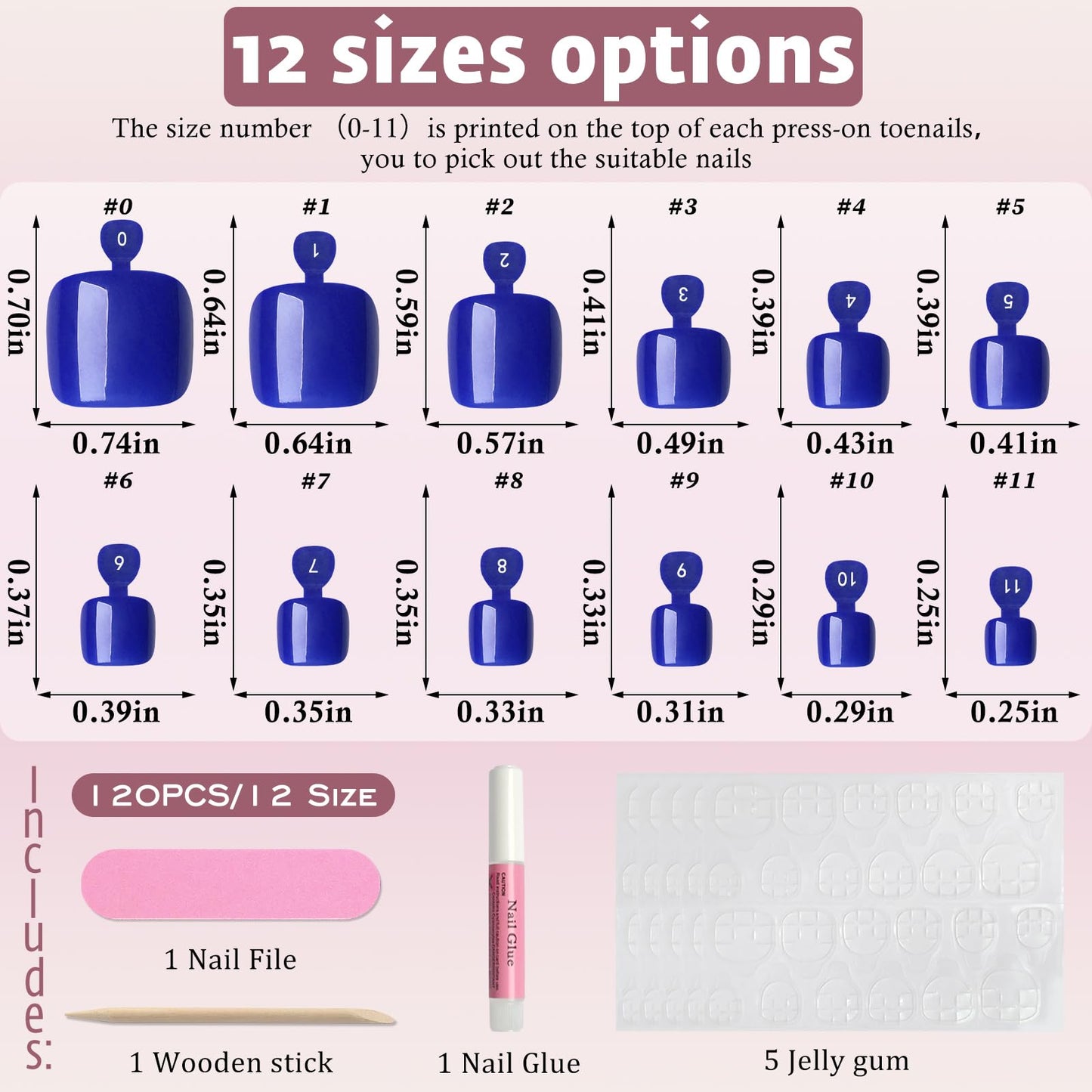 120pcs Navy Blue Press on Toenails for Women,Short Square Fake Toe Nails,12 Sizes False Toenails with Nail Glue and Adhesive Tabs