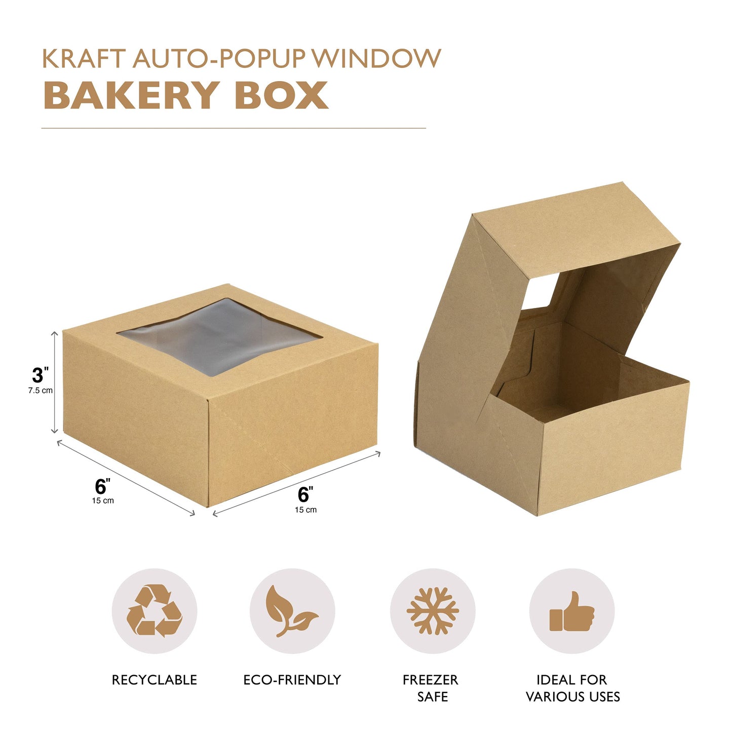 Fit Meal Prep 25 Pack Bakery Boxes with Window 6x6x3 Kraft Cake Box Cardboard Bakery Packaging for Cupcake, Cookies and Pastry, Treat Box Pie Box for Valentine's Day, Christmas