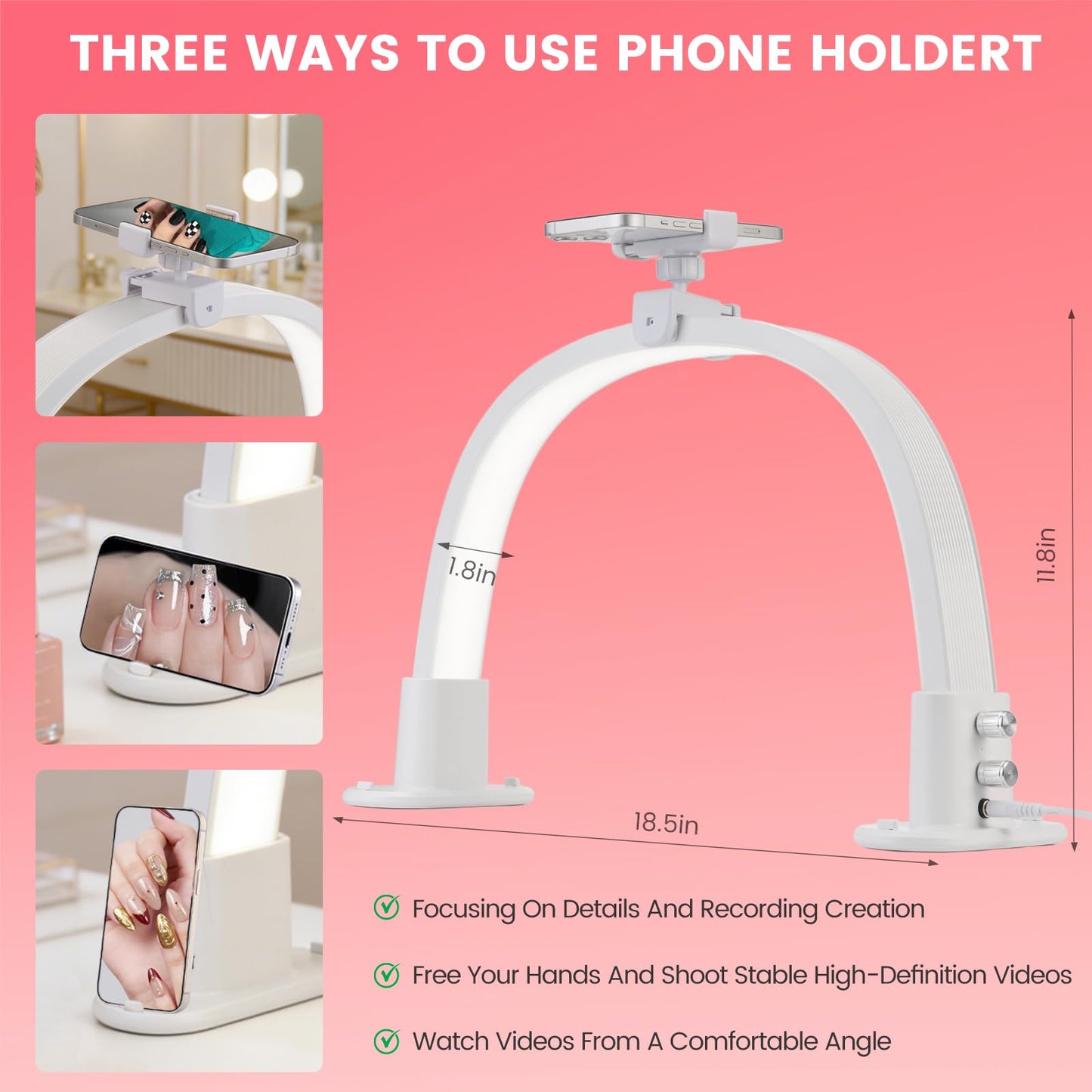 Rosiour Half Moon Light for Nail Desk: 18.5" Half Moon Nail Tech Light with Phone Holder -Shadow-Free Arch Nail Table Lamp with with 3 Color Modes & 10 Brightness for Manicure Salon (White, 18inch)