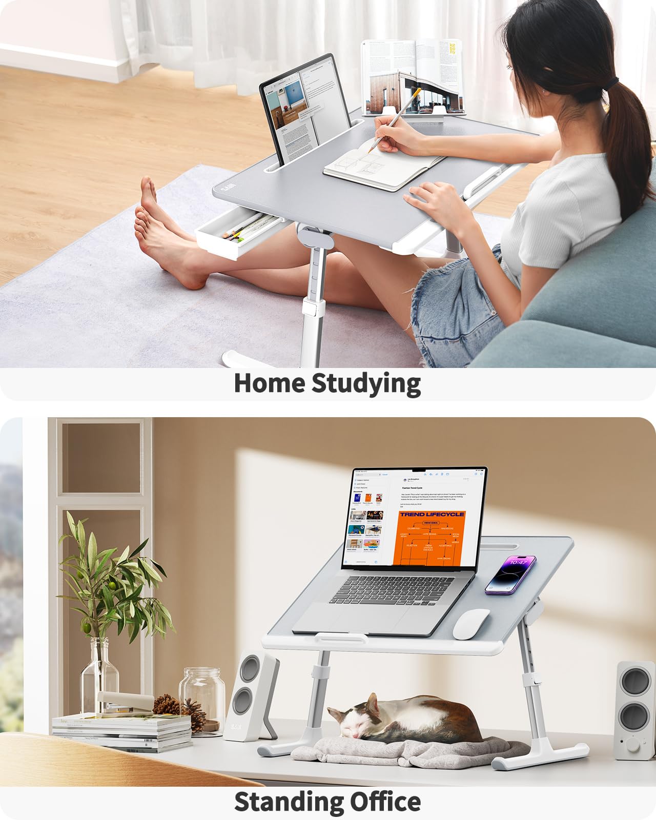 Laptop tray, SAIJI 60*45cm Table lap for bed, Multi-purpose Premium Lapdesk, Height Angle adjustable, with Book Stand, Drawer, Tablet slot, for Eating, Working, Writing, Gaming, Drawing (Light Grey)