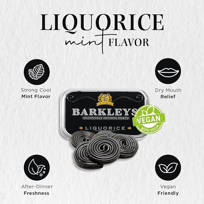 Barkleys Liquorice Breath Mints - Strong Licorice Flavored Cool Mint Candy For Party, After Dinner, Wedding, Every Day Use - Vegan Breath Mints In Reusable Classic Travel Tins, 6 Pack - 50 Count Each