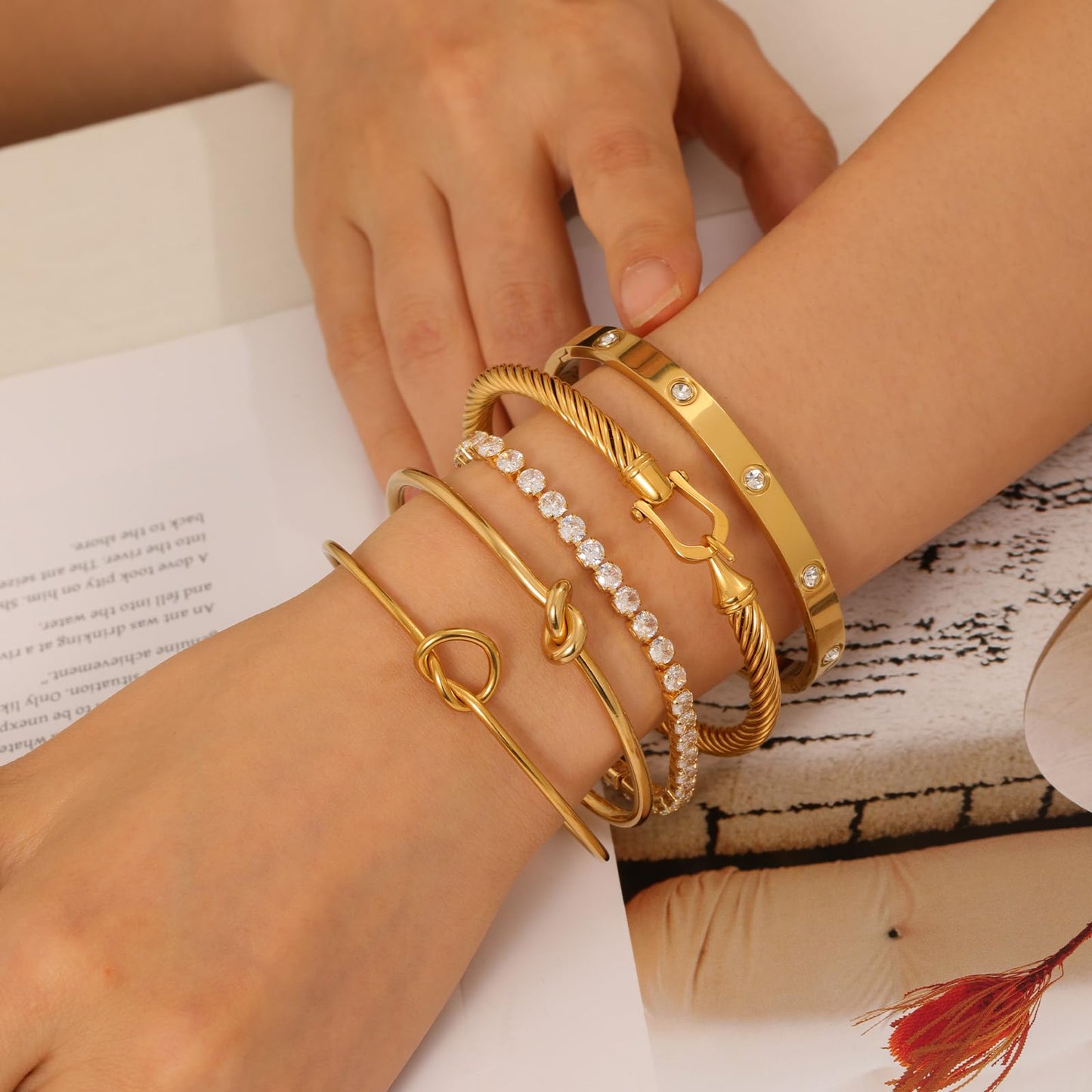 FAFUGA 18 K Gold Plated Love Bangle Bracelet Stack Cuff Jewelry for Women Jewelry Set for Women Gift with Box (style7)