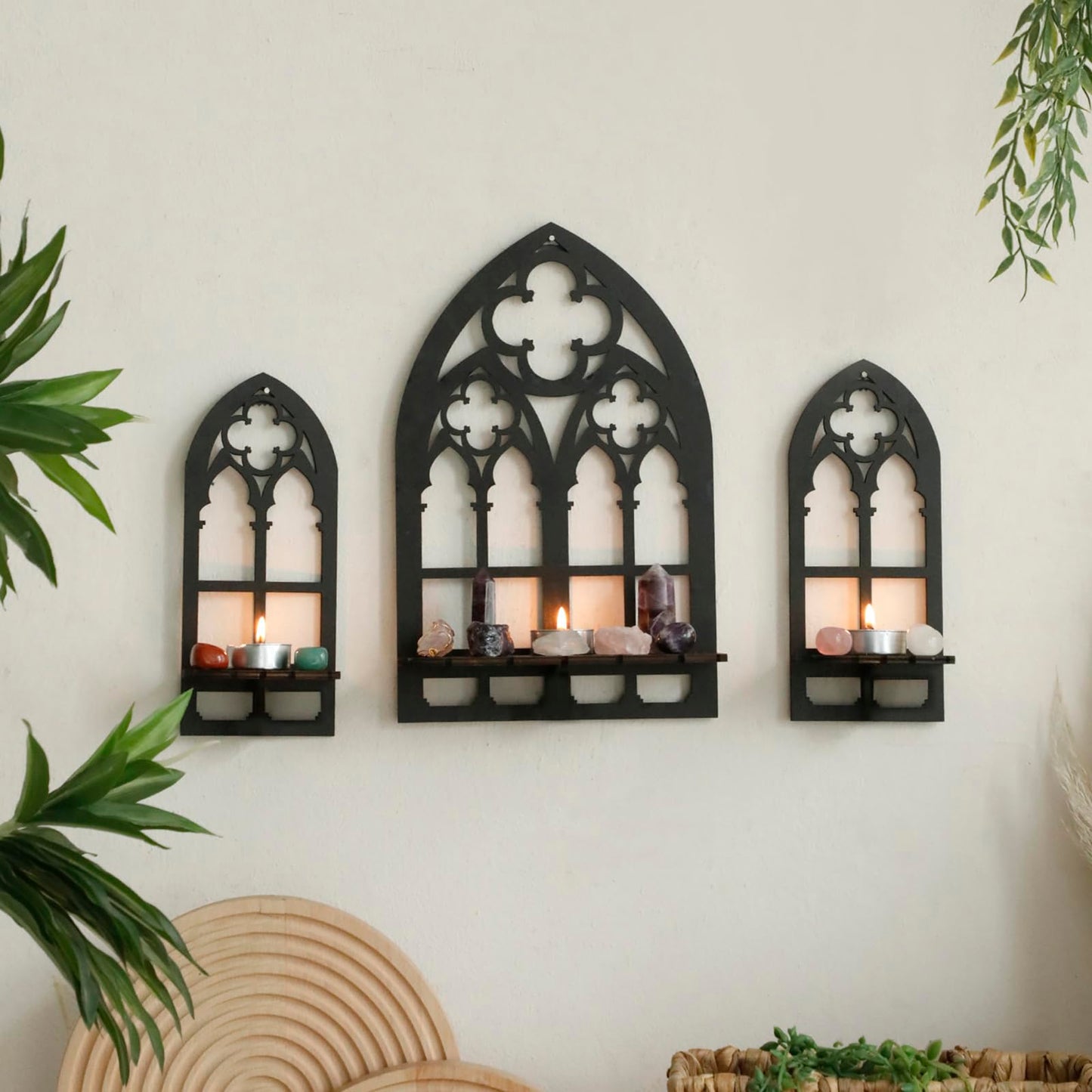 Artilady Crystal Display Shelf - 3 PCS Cute Window Shaped Floating Shelves for Wall Bedroom, Black Witchy Room Decor, Gothic Halloween Wall Decor for Home