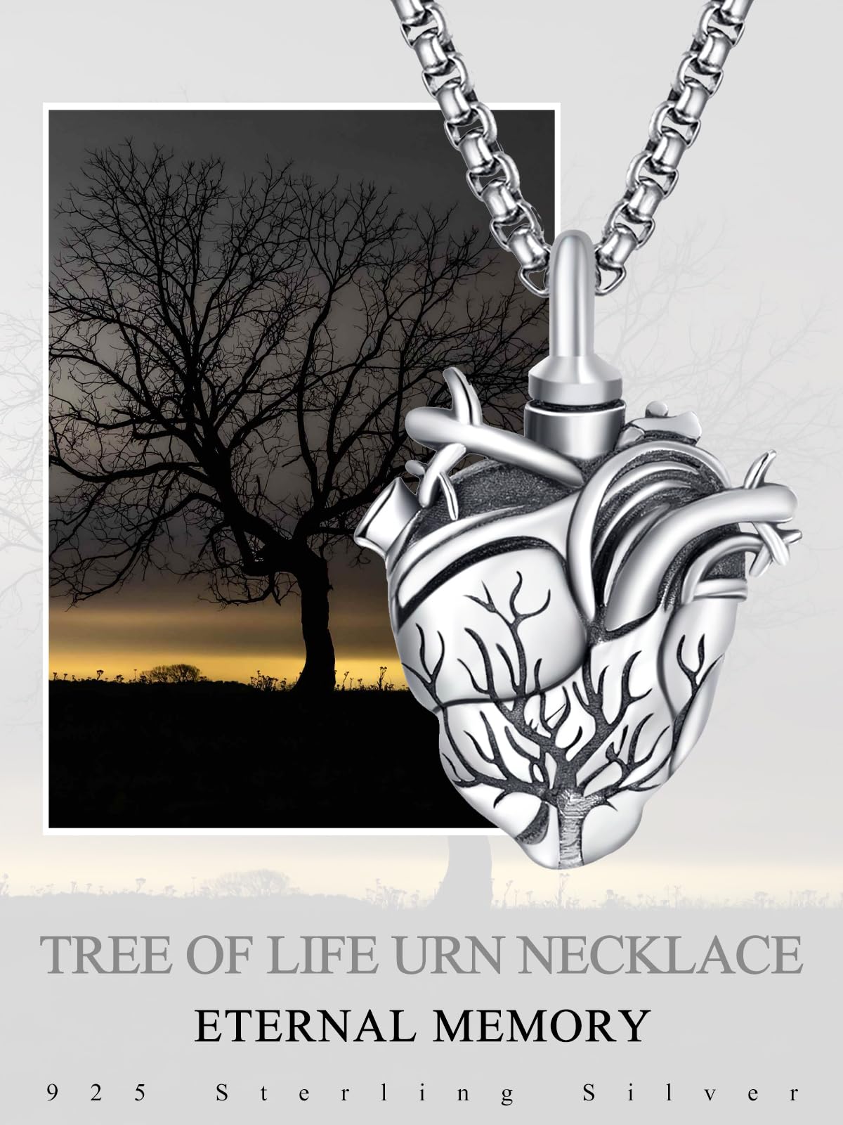 Tree of Life Urn Necklace for Ashes for Men Sterling Silver Cremation Jewelry for Ashes Anatomical Heart Urn Keepsake Pendant Memorial Gifts