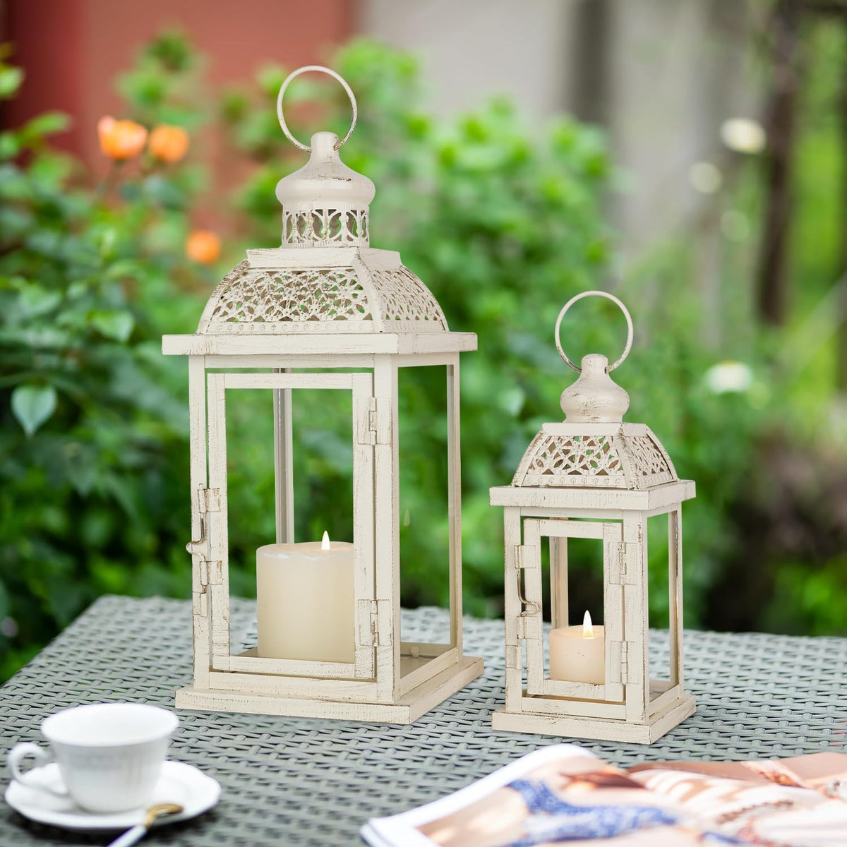 DECORKEY Large Lantern Decorative Outdoor & Indoor, Set of 2 (14’’&10’’) Metal Candle Lanterns Decor, Vintage Hanging Candle Holder for Front Porch Patio Wedding Farmhouse Home, Spring Decoration