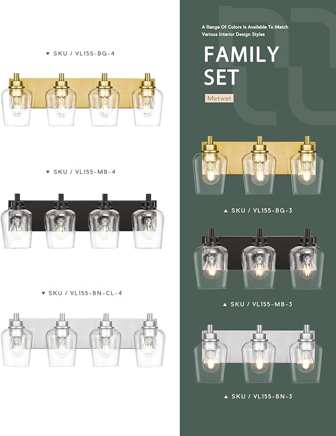 METWET Bathroom Light Fixtures, 4-Light Modern Vanity Light with Clear Glass Wine Glass-Shaped Shade, Vanity Lighting Fixtures Over Mirror, Matte Black, VL155-MB-4