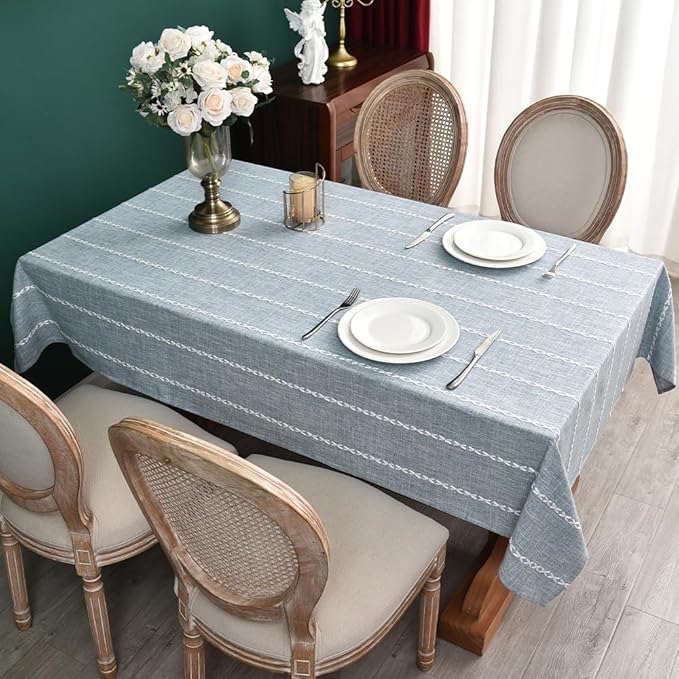 Zobesta Linen Table Cloth Blue Tablecloth Rectangle 86 x 53 Inch, Washable Farmhouse Soft Boho Blue Stripe Tablecloth for Party, Holiday, Picnic, Dining, Outdoor
