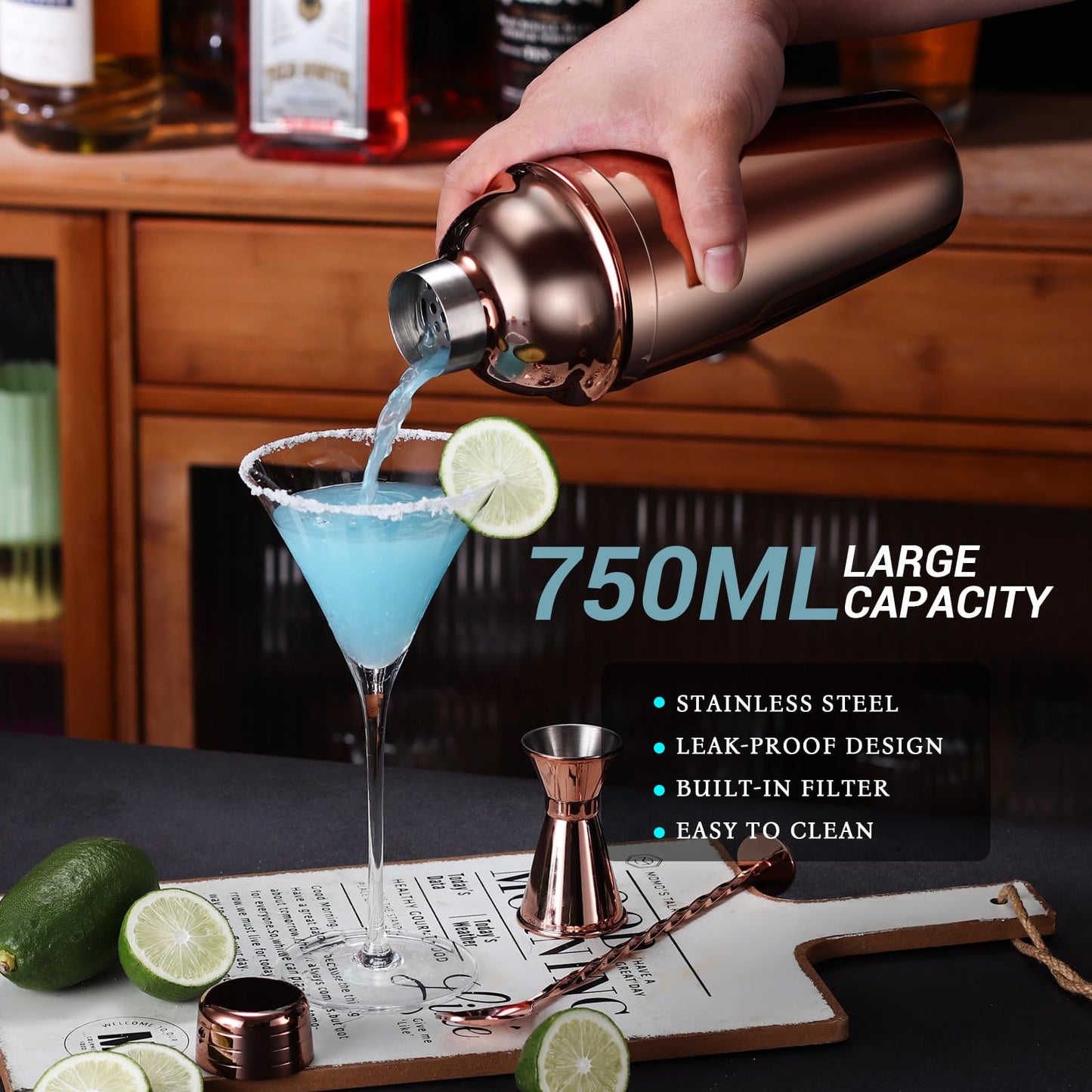 Cocktail Shaker Set Bartender Kit with Stand, 12 Piece Bar Set Drink Mixer Set with Stainless Steel Bar Accessories Tools: 25oz Martini Shaker Jigger Strainer Spoon Muddler for Cocktails (Rose Gold)