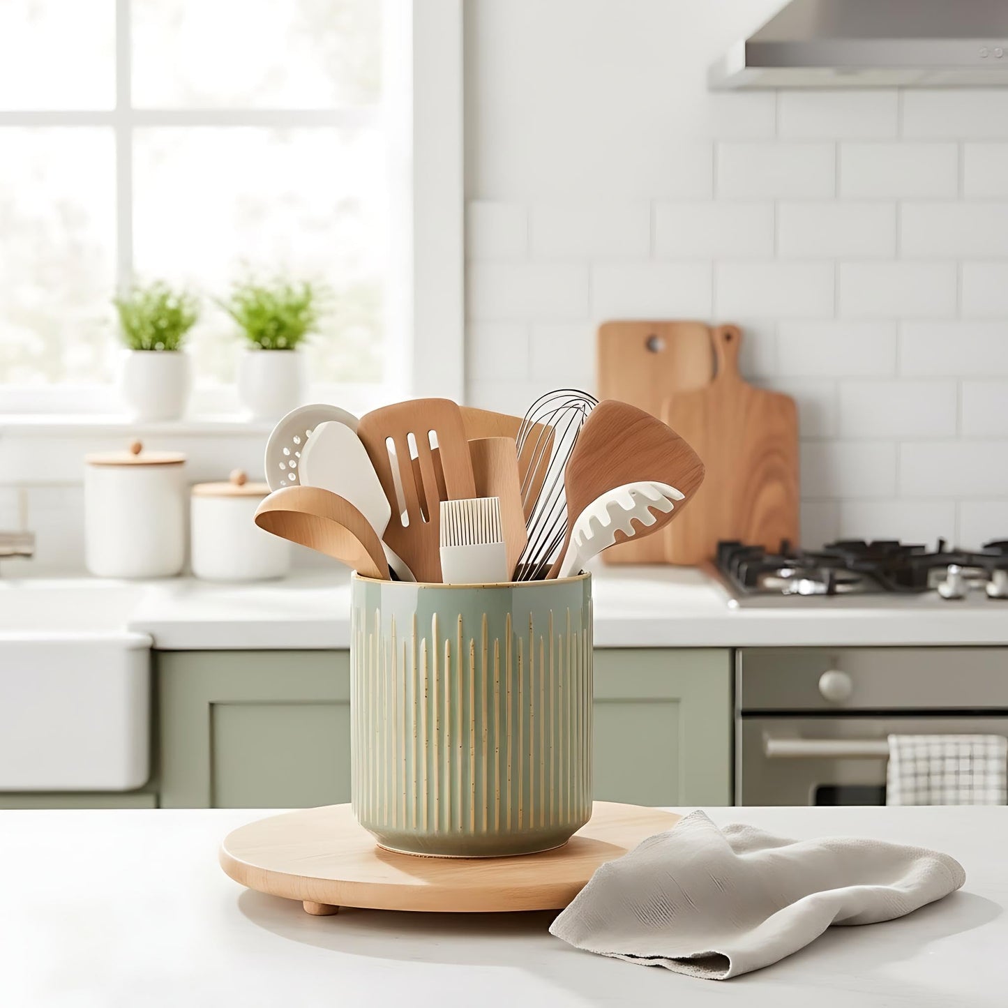 JIEMEI HOME Kitchen Utensil Holder, Ceramic Stable Utensil Crock for Countertop, 7.2" Large Utensil Organizer with Cork Mat, Removable Bamboo Divider for Kitchen Décor and Accessories, Wild Sage Earth