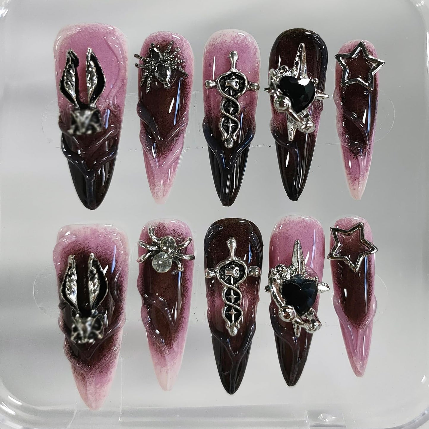 Halloween Handmade Press on Nails Long Almond 3D Nails Gothic Thick Acrylic Fake Nails Ombre False Nails with Rhinestones Spider Heart Designs Pink&Black Sturdy Nail Art Press on Nails 10Pcs(S)