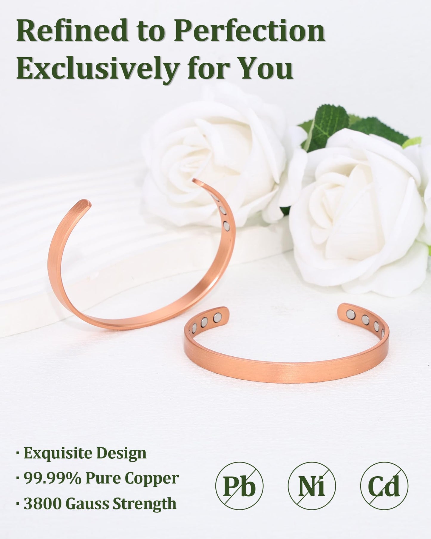 Fashtour Copper Bracelet for Men and Women, 99.99% Pure Copper Magnetic Bangle with 8pcs 3800 Gauss Magnets, Adjustable Jewelry Gift（Plain Design）