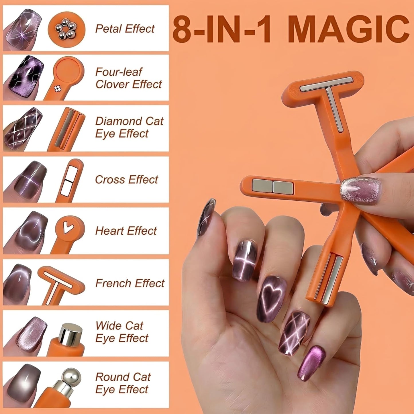 Plman 8 In 1 Cat Eye Magnet Tool with Magnetic Bead for Cat Eye Gel Nail Polish - Neodymium Nail Art Tools for Beginners DIY at Home and Professional Salon (8 in 1 Set - Orange)