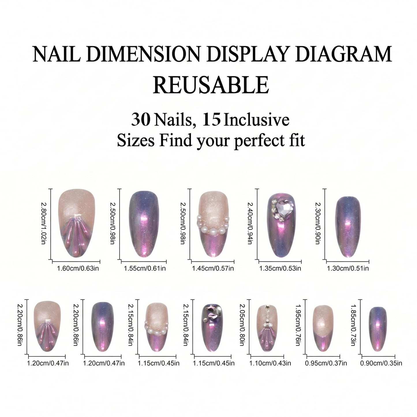 IMRAIN Almond Press on Nails, Medium Fake Nails, Purple Cat Eye 3D Mermaid Tail Pearl Heart, 30Pcs Reusable Glue on Nails for Women, Salon Quality