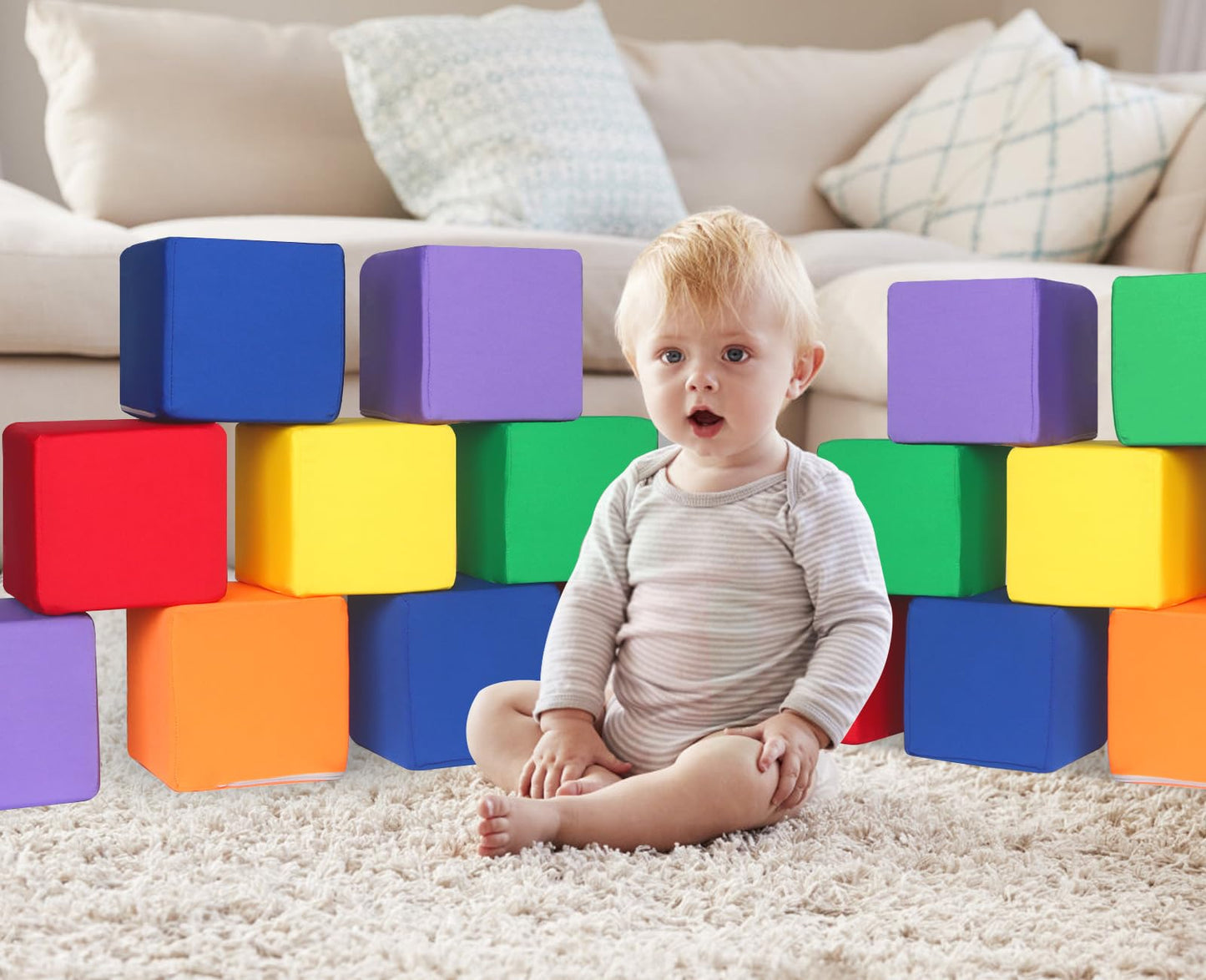 UHAPPYEE Foam Blocks for Toddlers, 18 PCS 5.5 inch Foam Soft Cubes for Kids, Colourful Building Blocks, Stacking Block Sets, Throwing Toys