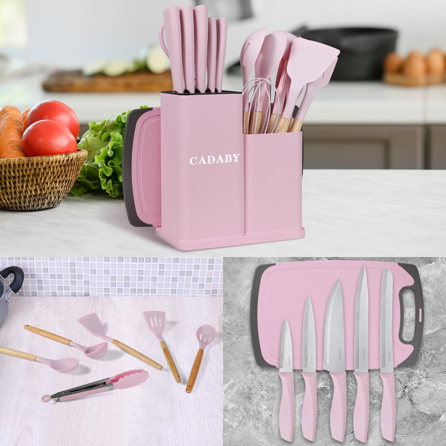 CADABY 19 PCS Kitchen Cooking Utensils Set, 11 Pieces Silicone Cooking Utensils Set 6 Pieces Sharp Stainless Steel Pink Knife Set with 1 Piece Cutting Board, Ideal for Apartment
