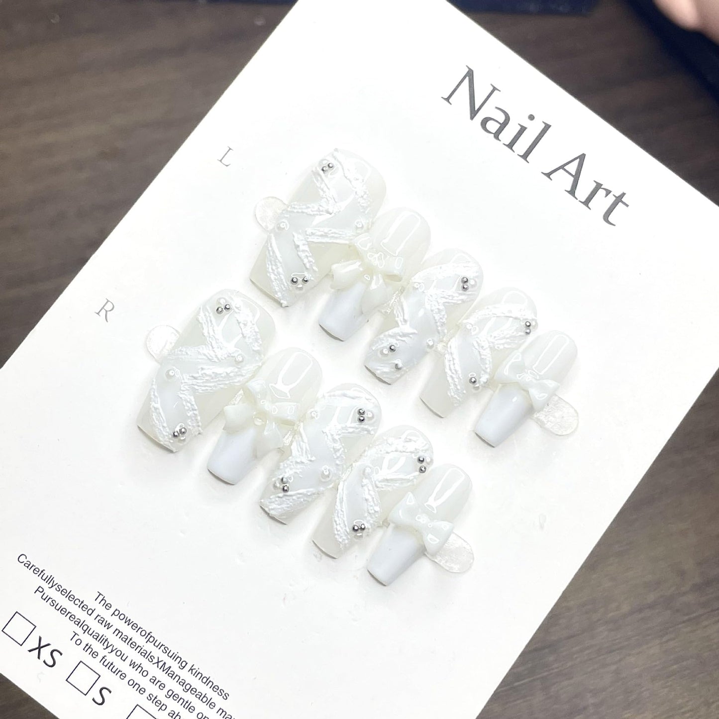 Vseegrs White Handmade Press on NailsMedium Coffin 3D Bow Artificial False Nails with Designs Embossed Charms Acrylic Nail Press ons BridePress on Nail Kit for Women 10pcs (L)