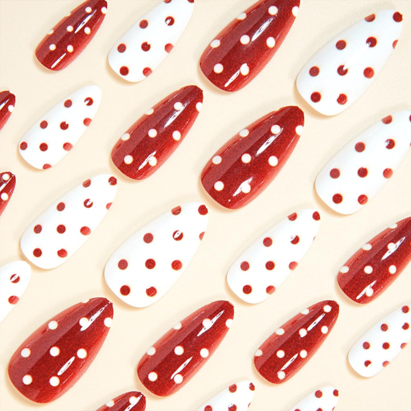 Red White Polka Dots Press on Nails Medium Almond Fake Nails Glossy Full Cover Acrylic Glue on Nail for Women