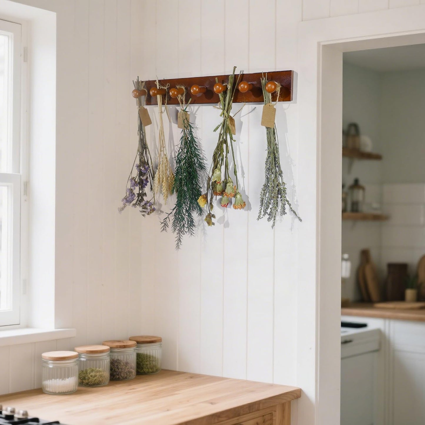 Tnstbiee Rustic Hanging Herb Drying Rack–Space-Saving Design Holds 7 Bouquets,Fits Window,Door Kitchen Areas-Great for Kitchen Witches Herb Display-Unique Gift for Gardening Enthusiasts-Wall Art Décor