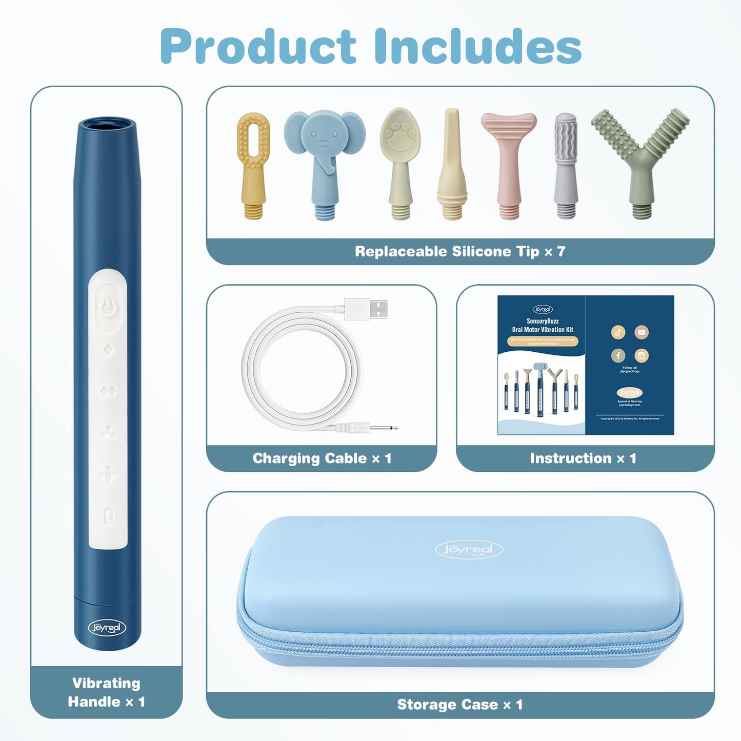 Joyreal Rechargeable SensoryBuzz Oral Motor Vibration Kit with 7 Textured Silicone Heads - 4 Modes Vibrating Teether Autism Sensory Products for Speech Therapy, Stimulate Self Feeding, Sensory Needs