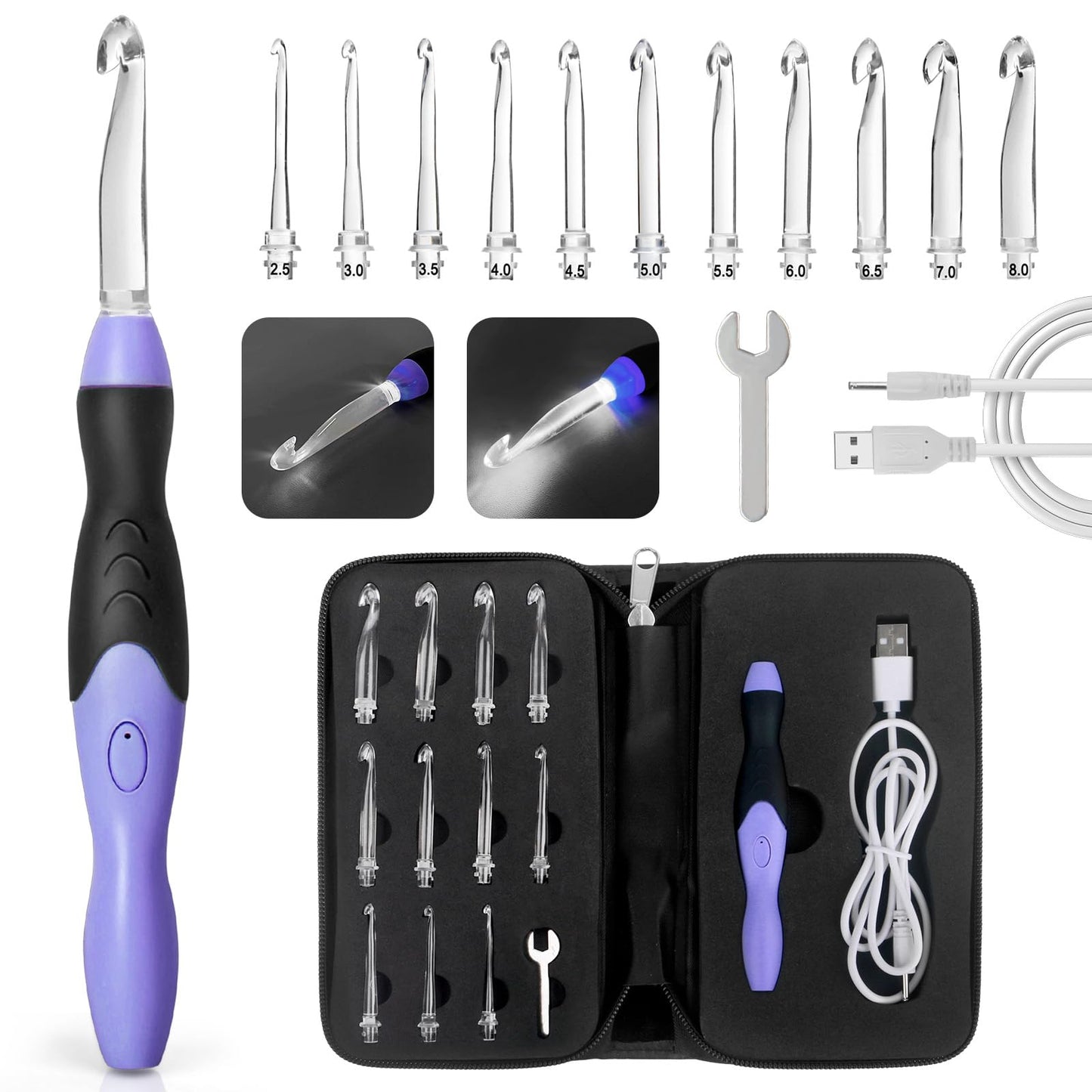 Light Up Crochet Hook Sets, 11 Sizes Interchangeable Lighted Crochet Hook Set, LED Rechargeable Crochet Hooks for Dark Yarn, Ergonomic Grip Crochet Kit for Beginners Crochet Needles Kit with Case