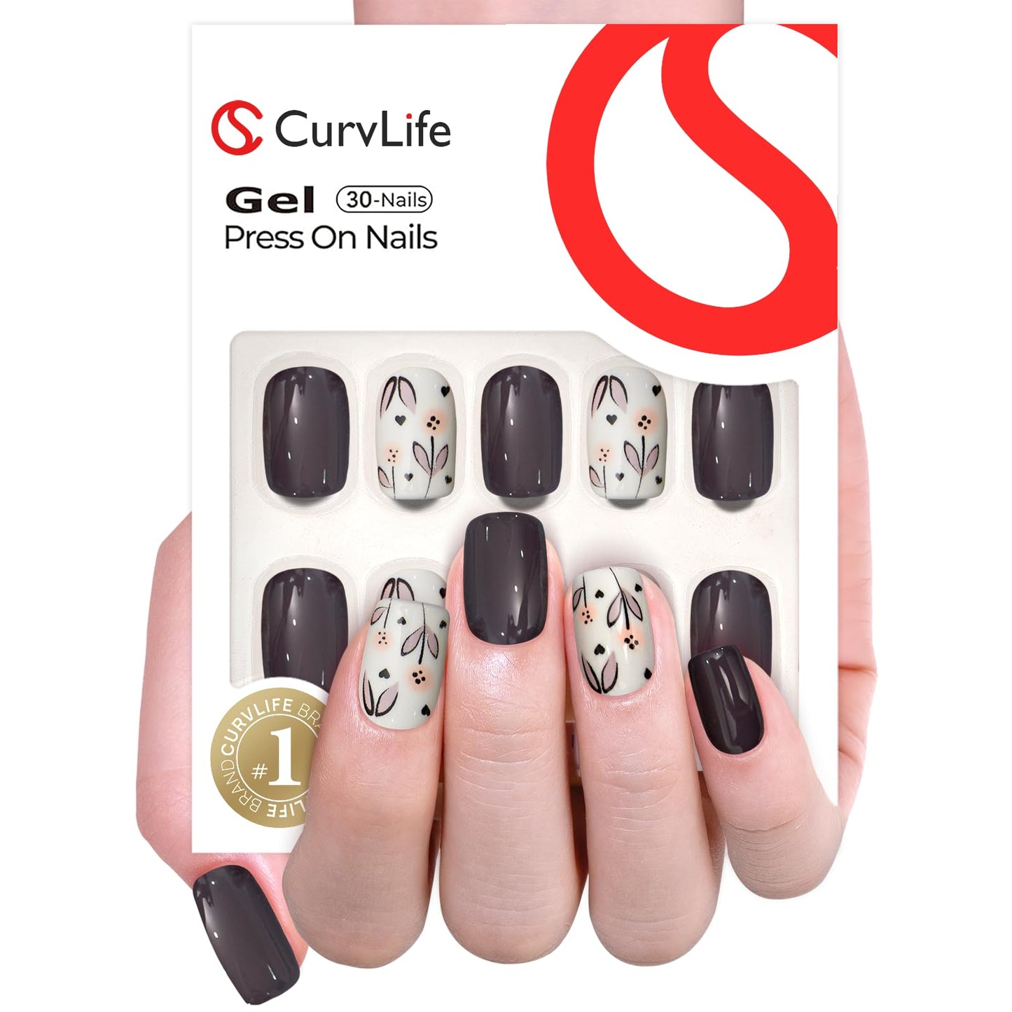 Curvlife Press On Nails – 30PCS Full Cover False Natural Fit Soft Gel Fake Nails Tips, Easy to Apply at Home Glue On False Nails Kit (Short Square Floral Nails, Short)