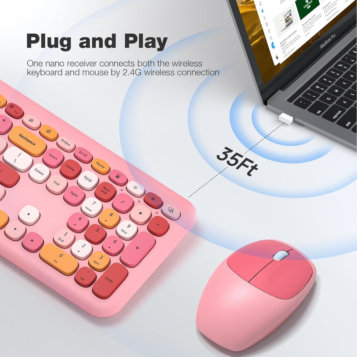 KNOWSQT Wireless Keyboard and Mouse Combo, Pale Pink Full-Sized 2.4G Silent Keycap Colorful Keyboards, USB Dongle Plug Play, for Laptop, Windows, PC, Computer, Desktop