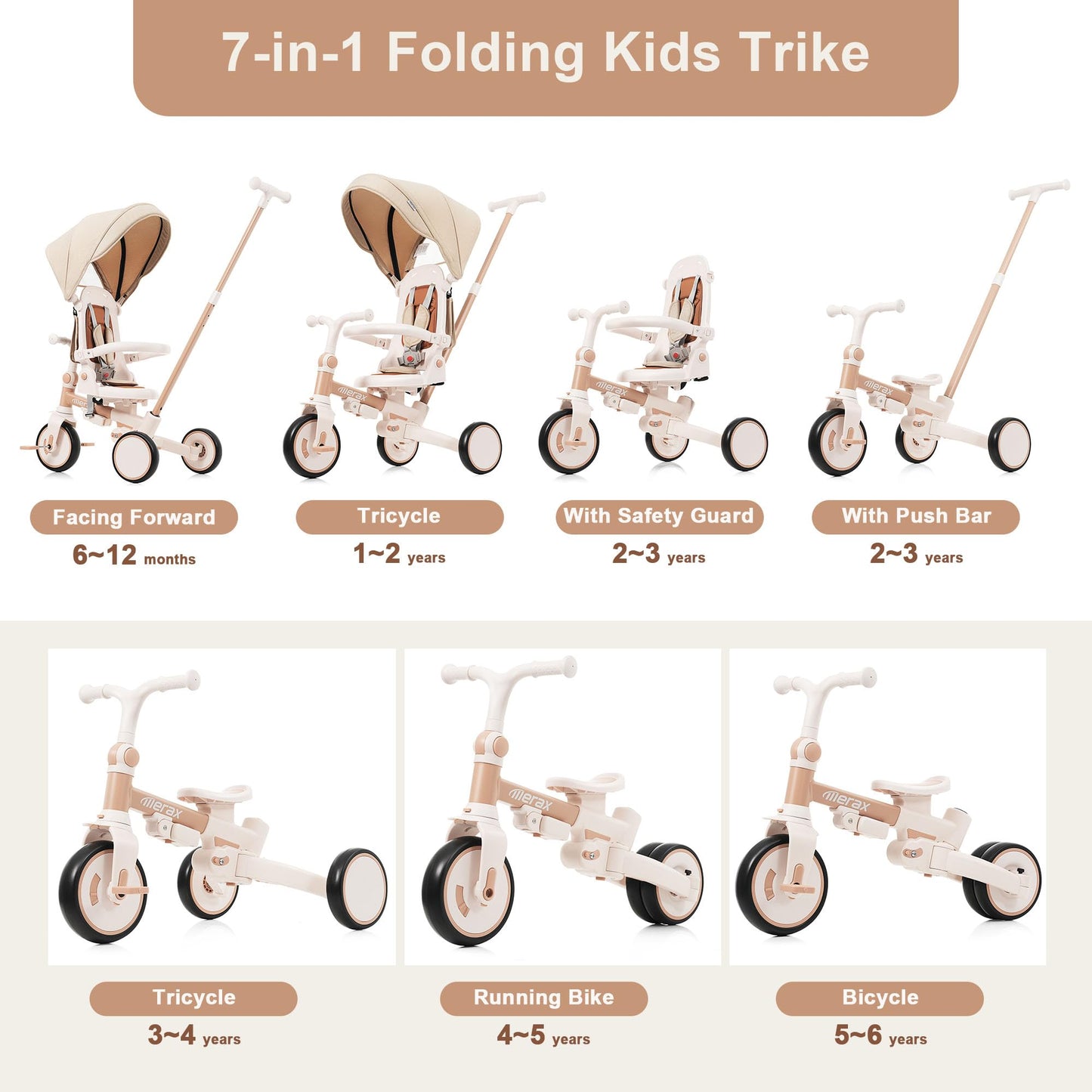 Merax 7-in-1 Toddler Trike Collapsible Frame Kid Rider Tricycle with Removable Pedal Ages 1Y-6Y