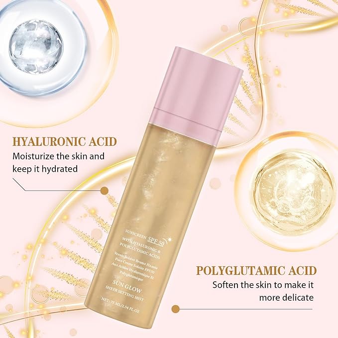 Sheer Setting Mist Sunscreen SPF 50 for Face & Body, Broad Spectrum Shimmering Body Oil Mist, Hydrating Makeup Friendly Glow Spray, Non-Greasy, Fast-Absorbing, Waterproof Long Lasting