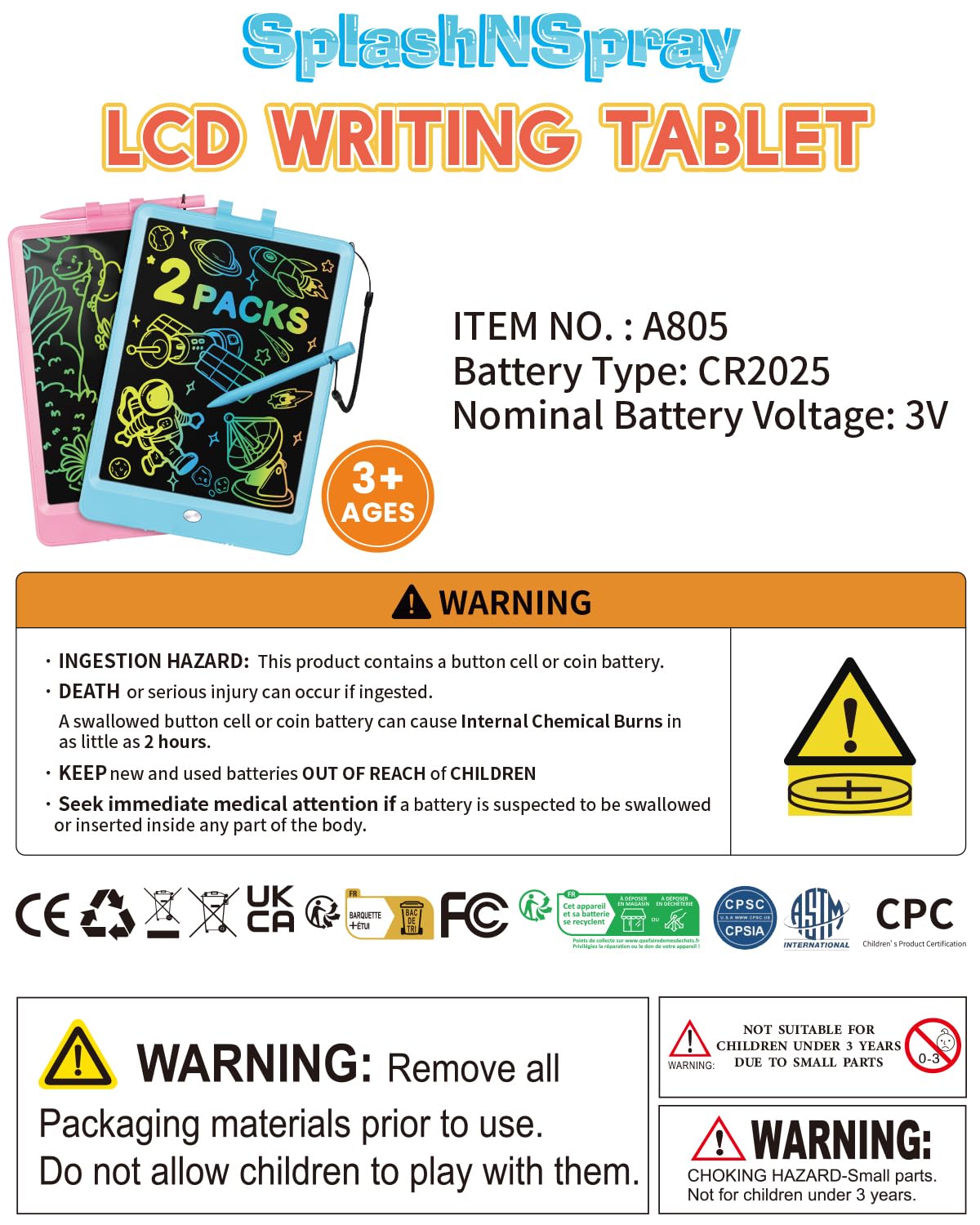 SplashNSpray Writing Tablet, 2pack LCD Drawing Tablet for Kids, Colorful Toddler Doodle Board, Erasable Reusable Electronic Drawing Pads, Educational and Learning Toy for 3+ Years Old Kids 8.5inch