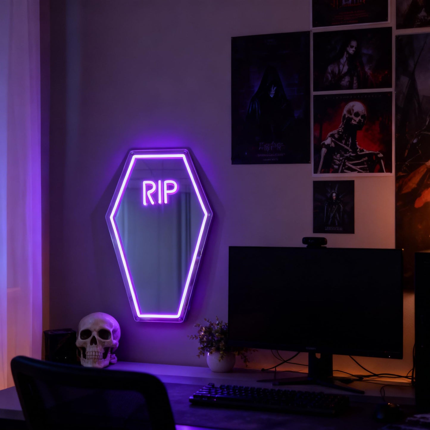 Coffin Shape RIP Neon Sign, USB Powered Dimmable Decorative Neon Light for Haunted House Gothic Spooky Theme Wall Table Decor Horror Party Gifts 19.9 x 12.2 In