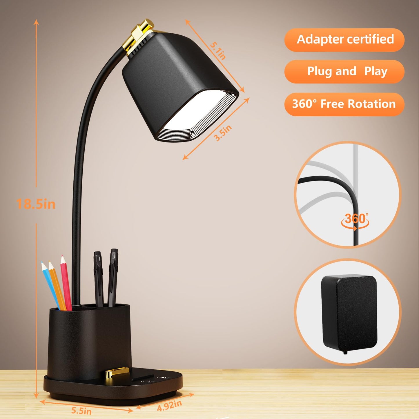 GONDSILY LED Desk Lamp with USB Charging Port Touch Control 3 Color Modes, Stepless Dimming,Eye-Caring LED Table Lamp for Home,Office,Bedroom,Reading,Work,Study,Gooseneck Lamp, 5V, 2.4A