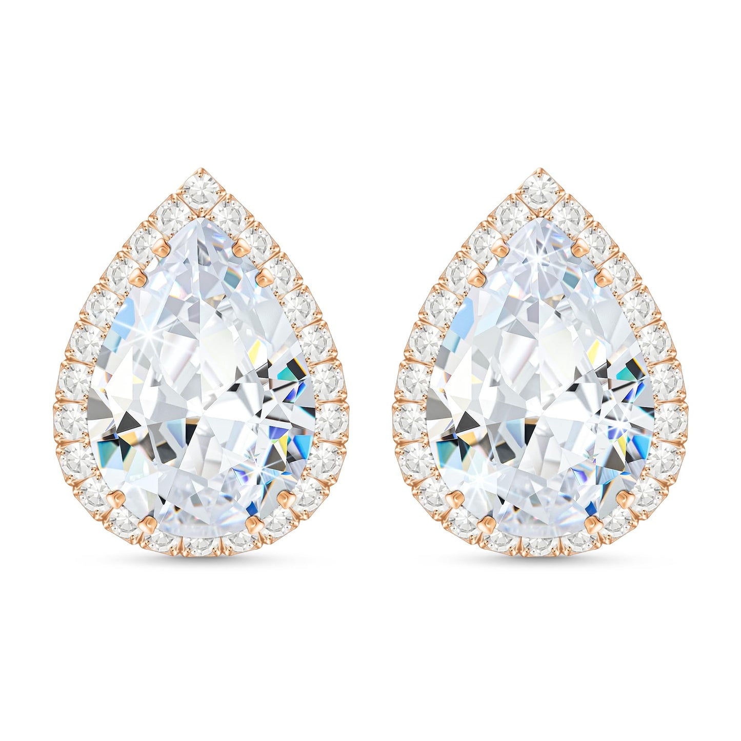 Linawe Imitation Diamond Moissanite Cubic Zirconia Stud Earrings, Rose Gold Earrings Studs for Women Wedding, Teardrop Rhinestone Crystal Clear Piercing Jewelry Formal Dainty Sparkly