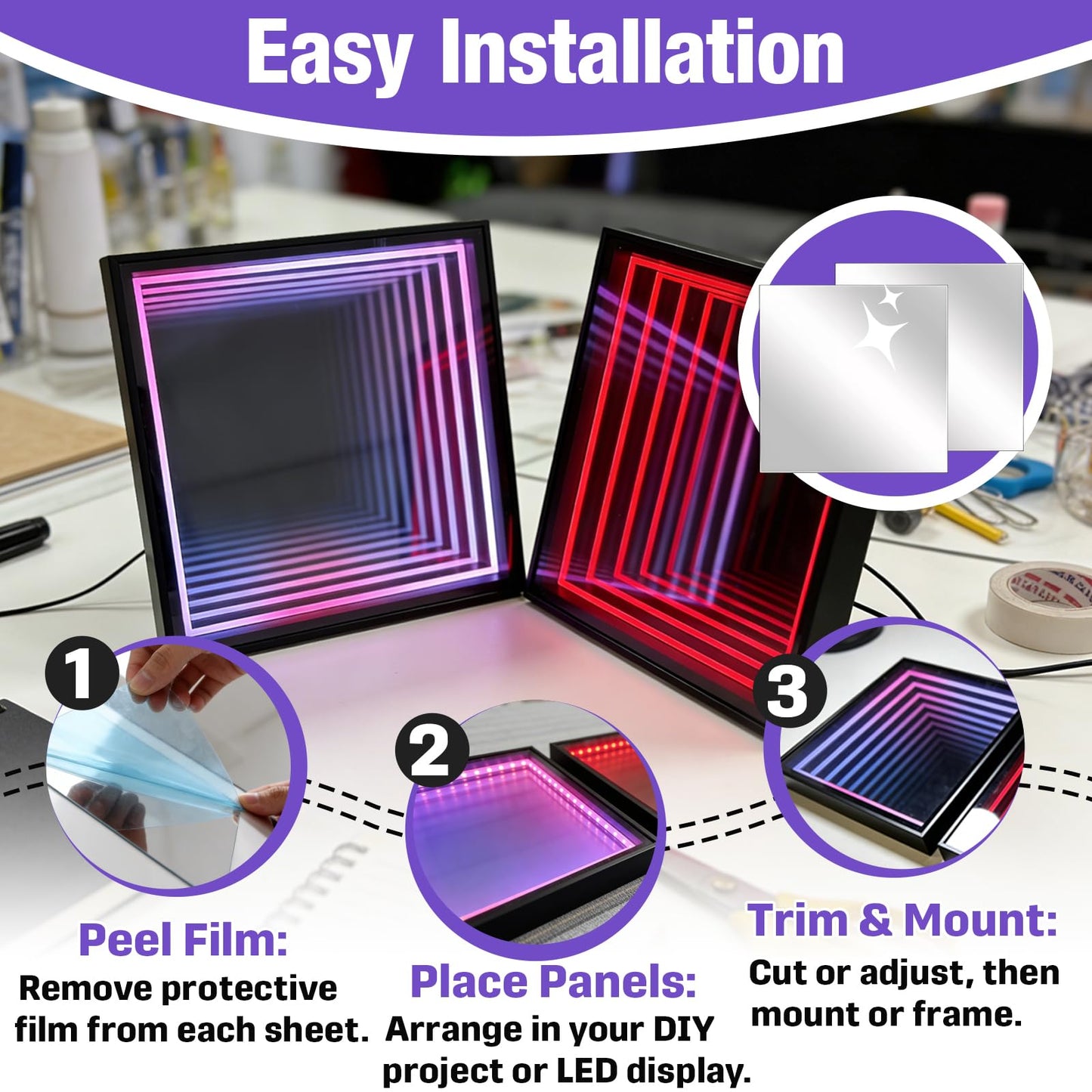 4 Pcs 12 x 12 Inch Acrylic Two Way Mirror Sheets, 30% Transparent See Through Panels for Infinity Mirror Effect, DIY Art and Creative Light Projects
