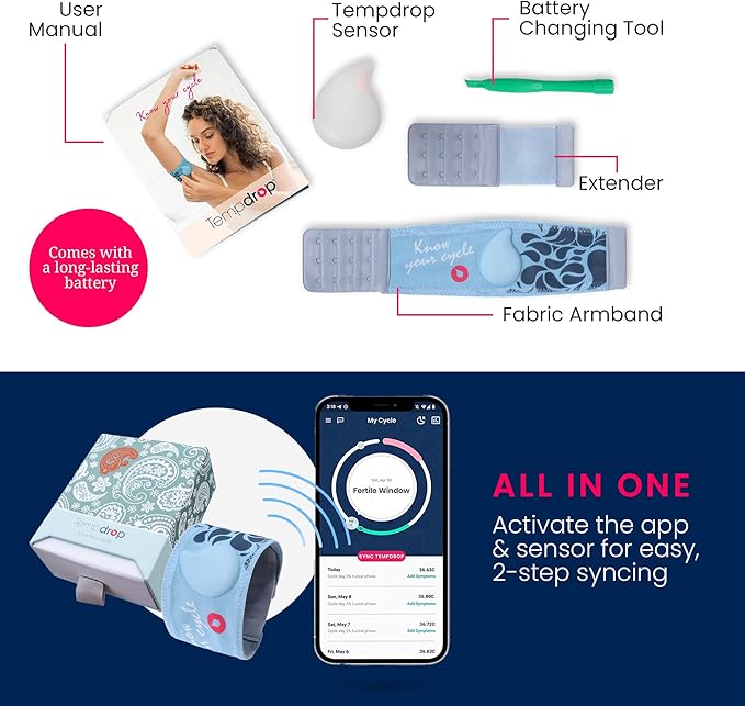 Tempdrop Fertility and Ovulation Tracker –Wearable Basal Body Temperature (BBT) Monitoring Sensor and Fertility Charting App Includes Comfortable Armband (L/XL - 12.5-18.5 Inches)