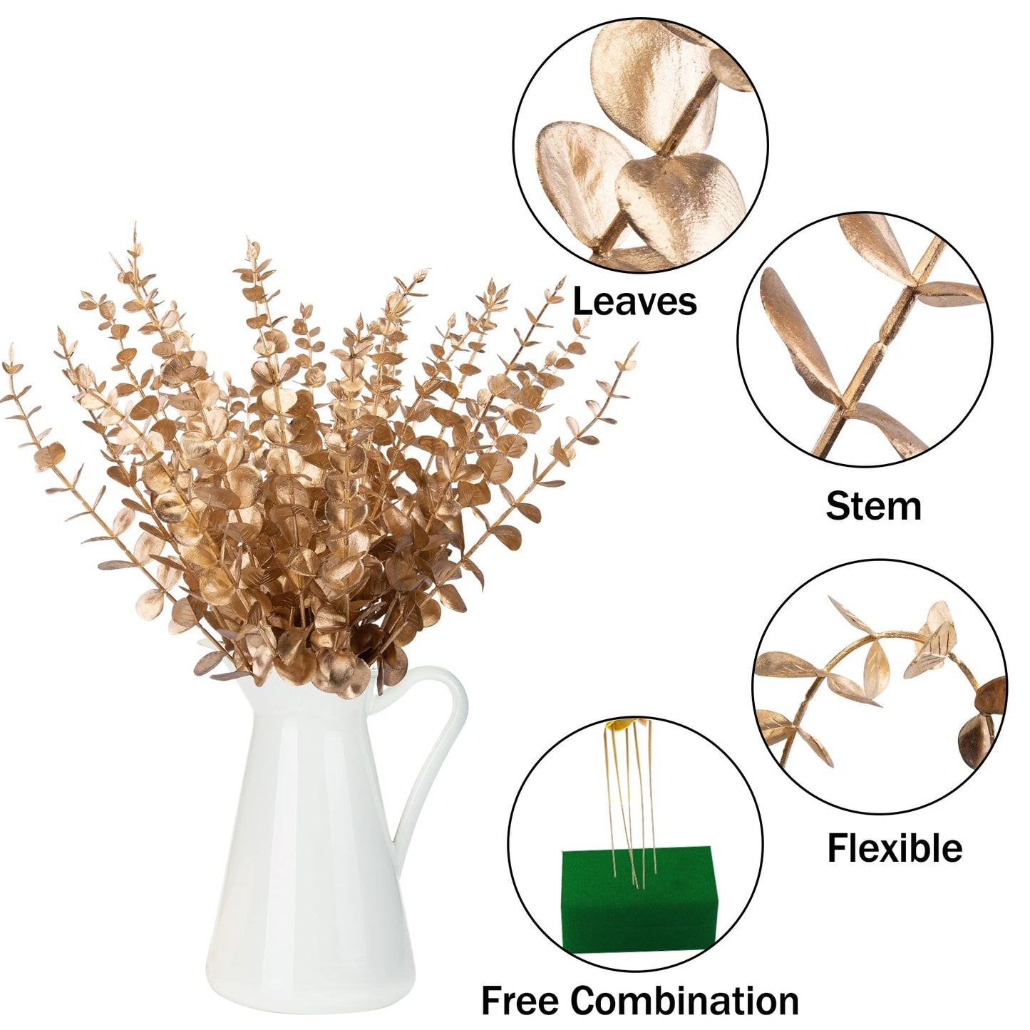 FEQO 36 Pcs Gold Eucalyptus Stems Artificial Leaves Faux Eucalyptus Stems Branches 15 inch for Wedding Bouquet Home Decor