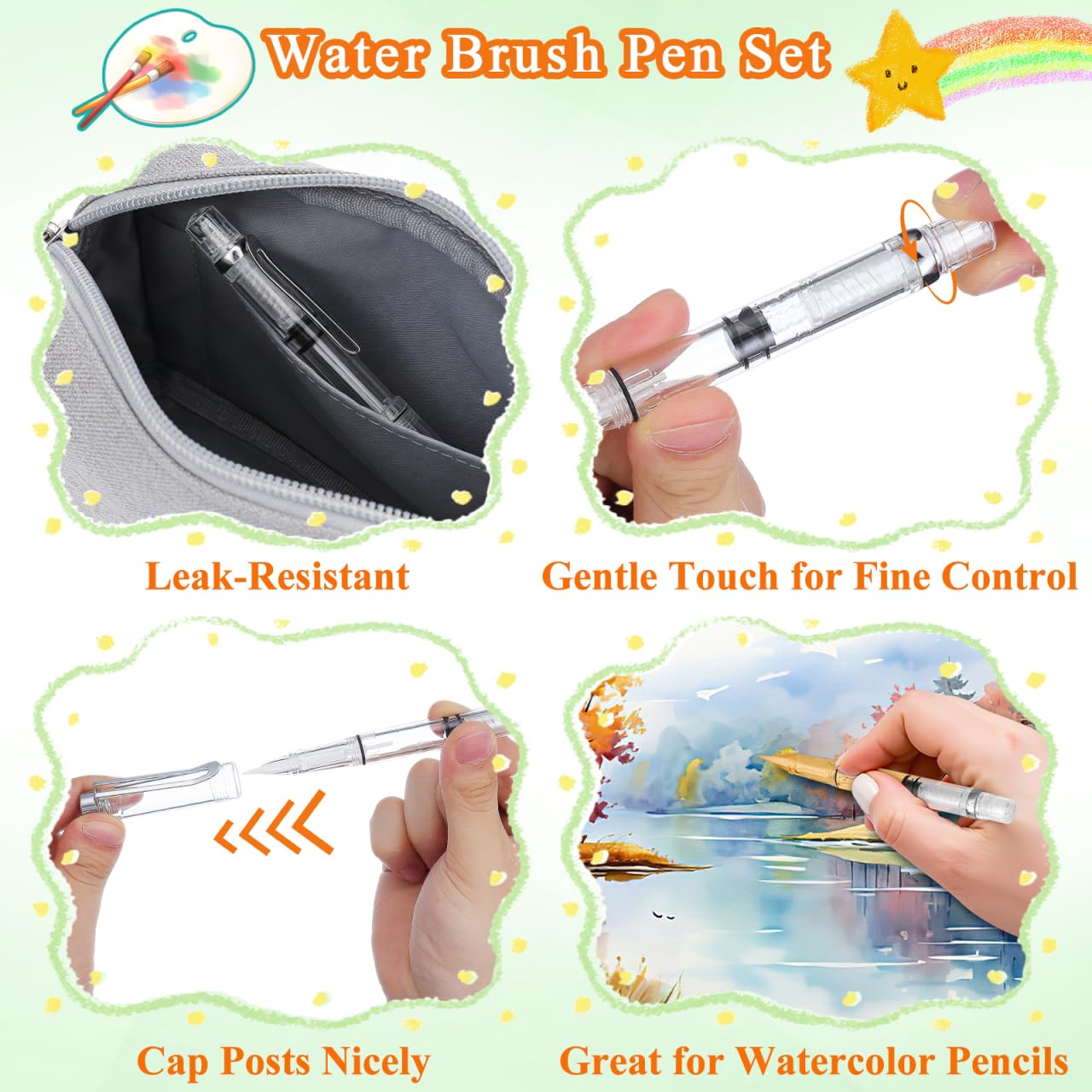 Veemoon Refillable Fountain Brush Pen Set, Piston Fountain Brush Pen Leak-Proof Water Writing Tool Ink Calligraphy Calligraphy Water Paintbrush for Write Drawing Crapbooking Sketching Art, 5Pcs