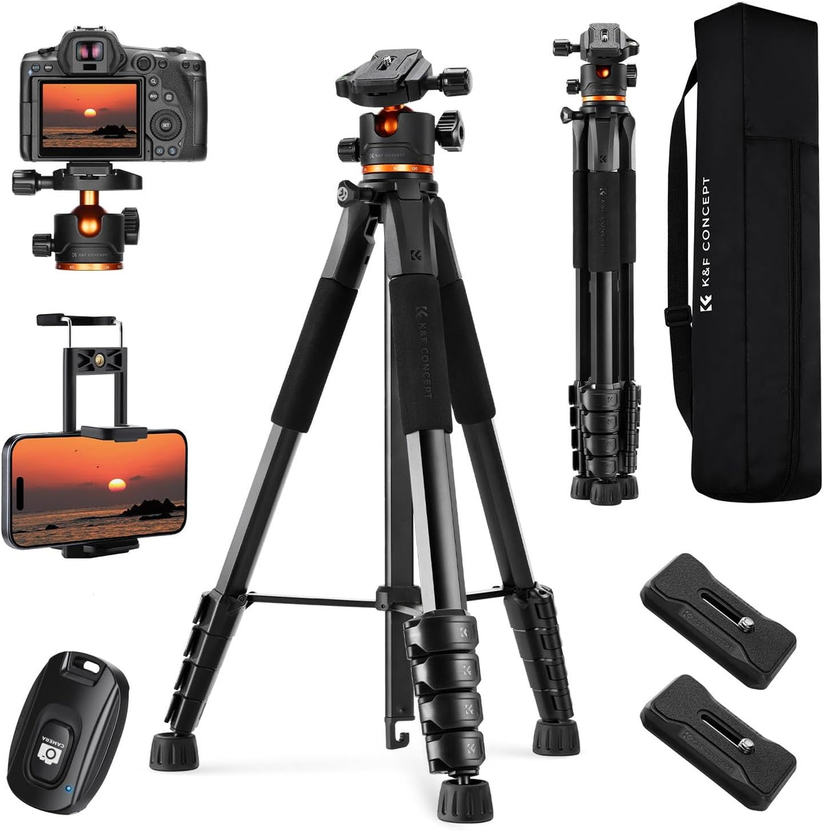 K&F Concept 75 inch/190cm Camera Tripod,Lightweight Travel Outdoor DSLR Tripods with 360 Degree Ball Head Load Capacity 8kg/17.6lbs,Cellphone Clip and Remote Control for Smartphone S255A3+BH-36