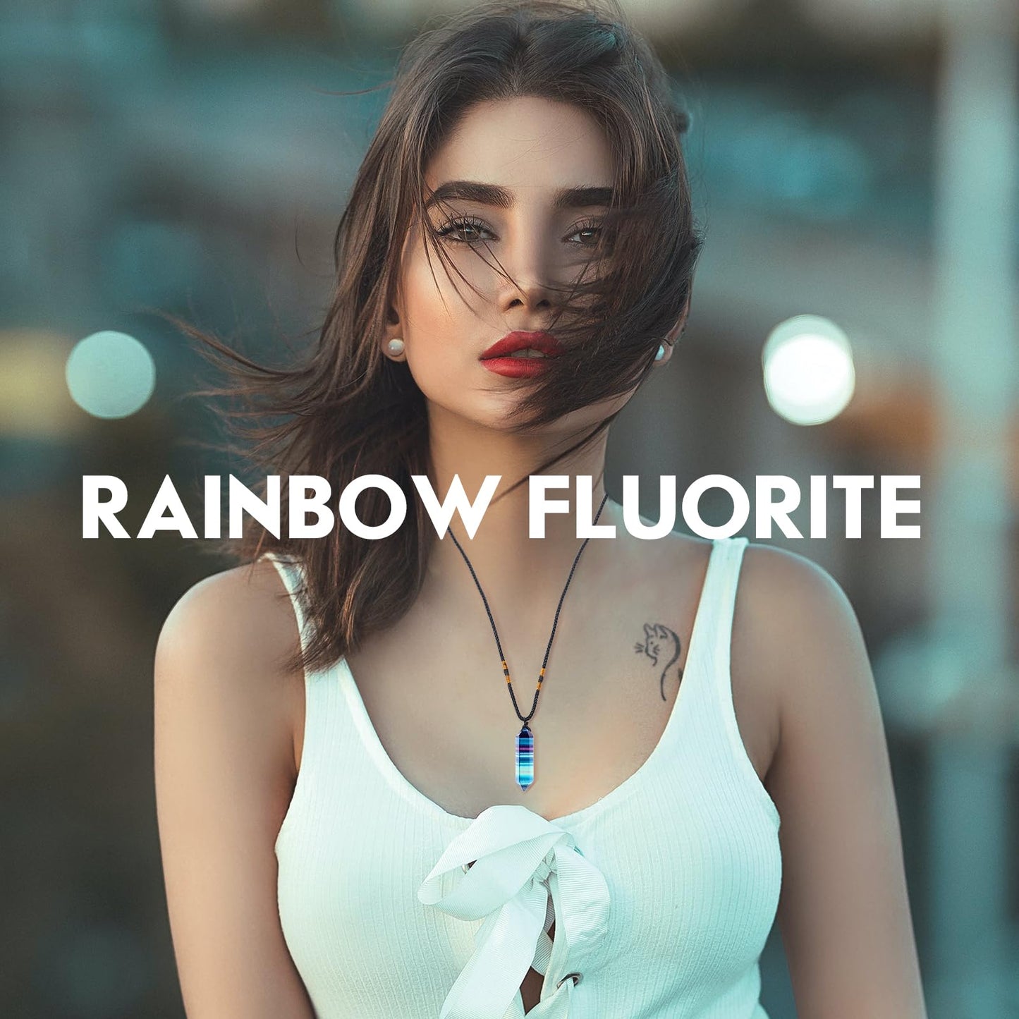Runyangshi Rainbow Fluorite Healing Crystal Pendants, Double Pointed Natural Crystal Quartz Necklace 6 Faceted Chakra Crystal Wand Stone