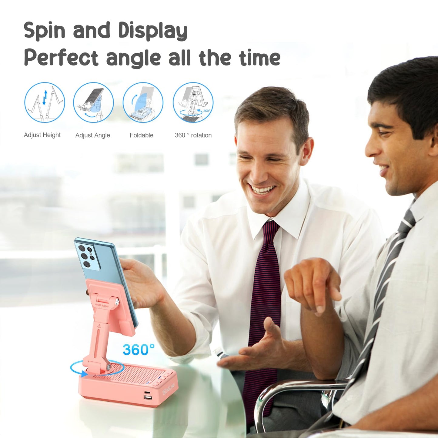 TechGlow Gifts for Men Women Foldable Cellphone Stand with Bluetooth Speaker and Charging Function 360° Rotatable Phone Stand Birthday Gift Idea for Mom Dad Cool Tech Gifts-Pink