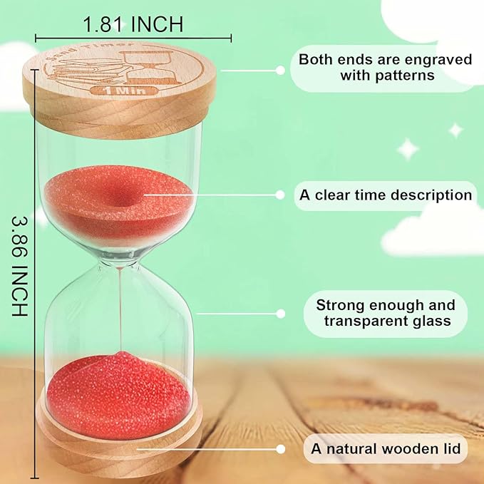 3 Minute Sand Timer, Wooden Hourglass Sand Clock, Small Wood Red 3 Min Hour Glass, Five Minutes Sandglass for Brushing Teeth, Reloj De Arenai, Classroom, Game, Kitchen, Home, Office