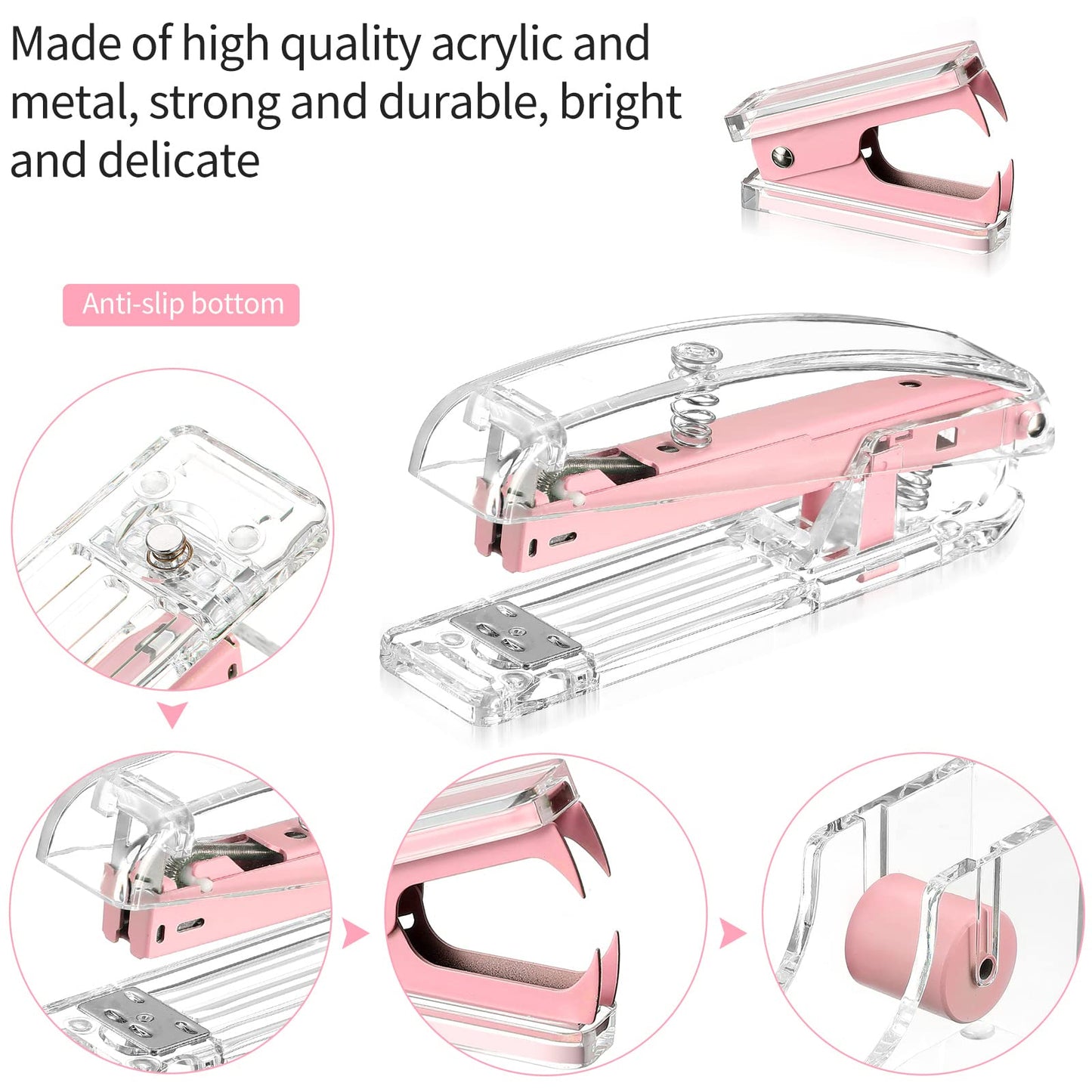 Office Supplies Set Desk Accessory Kit, Acrylic Stapler Set Staple Remover, Tape Dispenser, Binder Clips, Paper Clips, Ballpoint Pen and Scissor with 1000 Pieces 26/6 Staples (Pink)