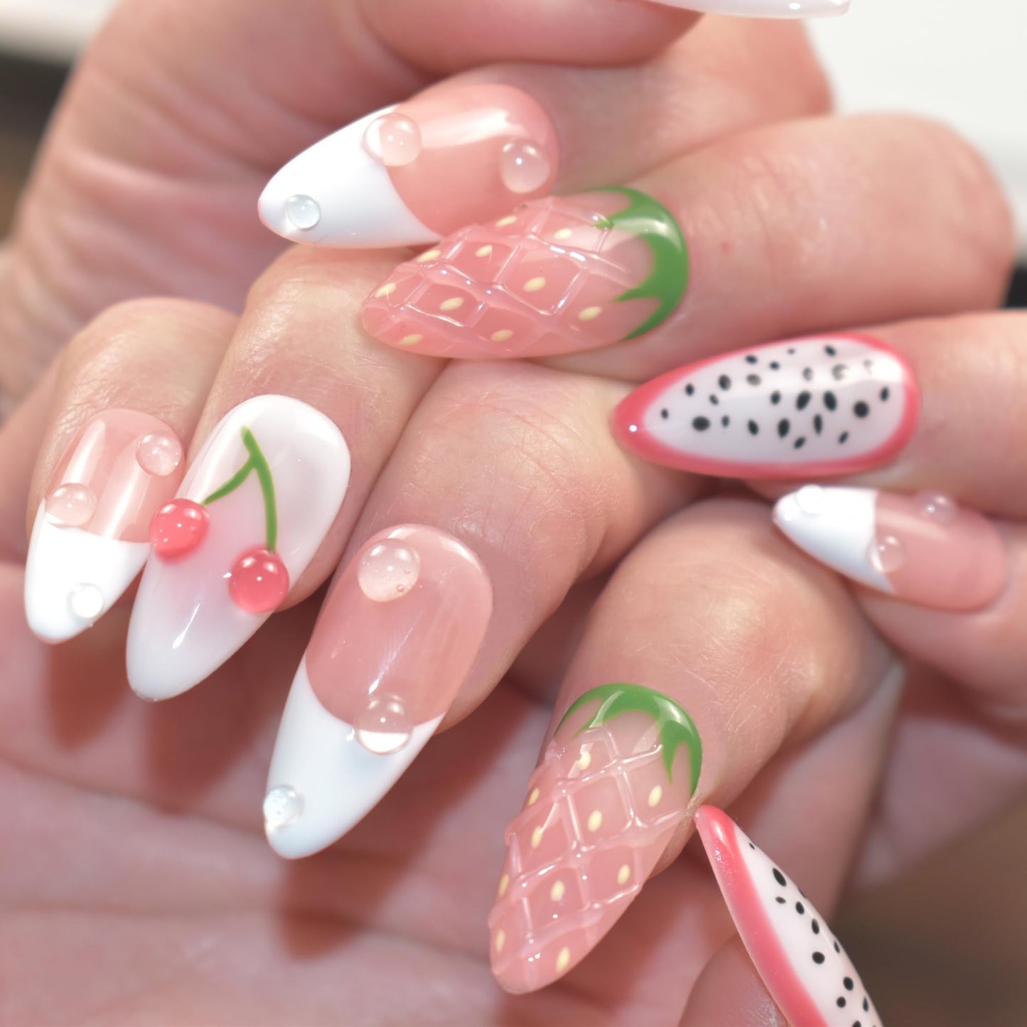 LIFOOST Handmade Press On Nails Medium Almond French False Nail Tips, 3D Pink Fruit Design 10pcs Reusable 3D Cartoon Glue On Acrylic Fake Nails