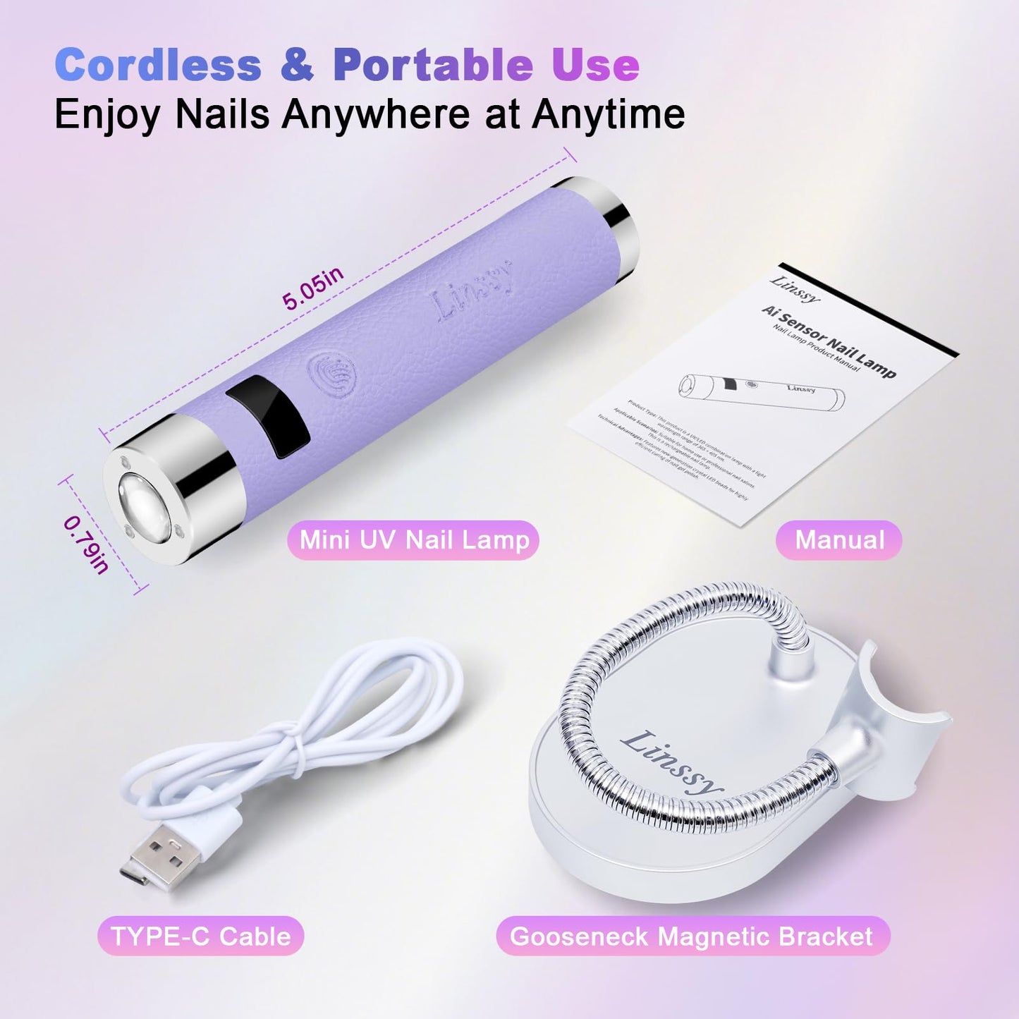 Linssy Mini UV Light for Nails with Auto Sensor & Gooseneck Stand,Portable Cordless Nail Lamp Flash Cure Lamp with LCD Display,Handheld UV Light for Gel Nails at Salon & Home Use (Purple)