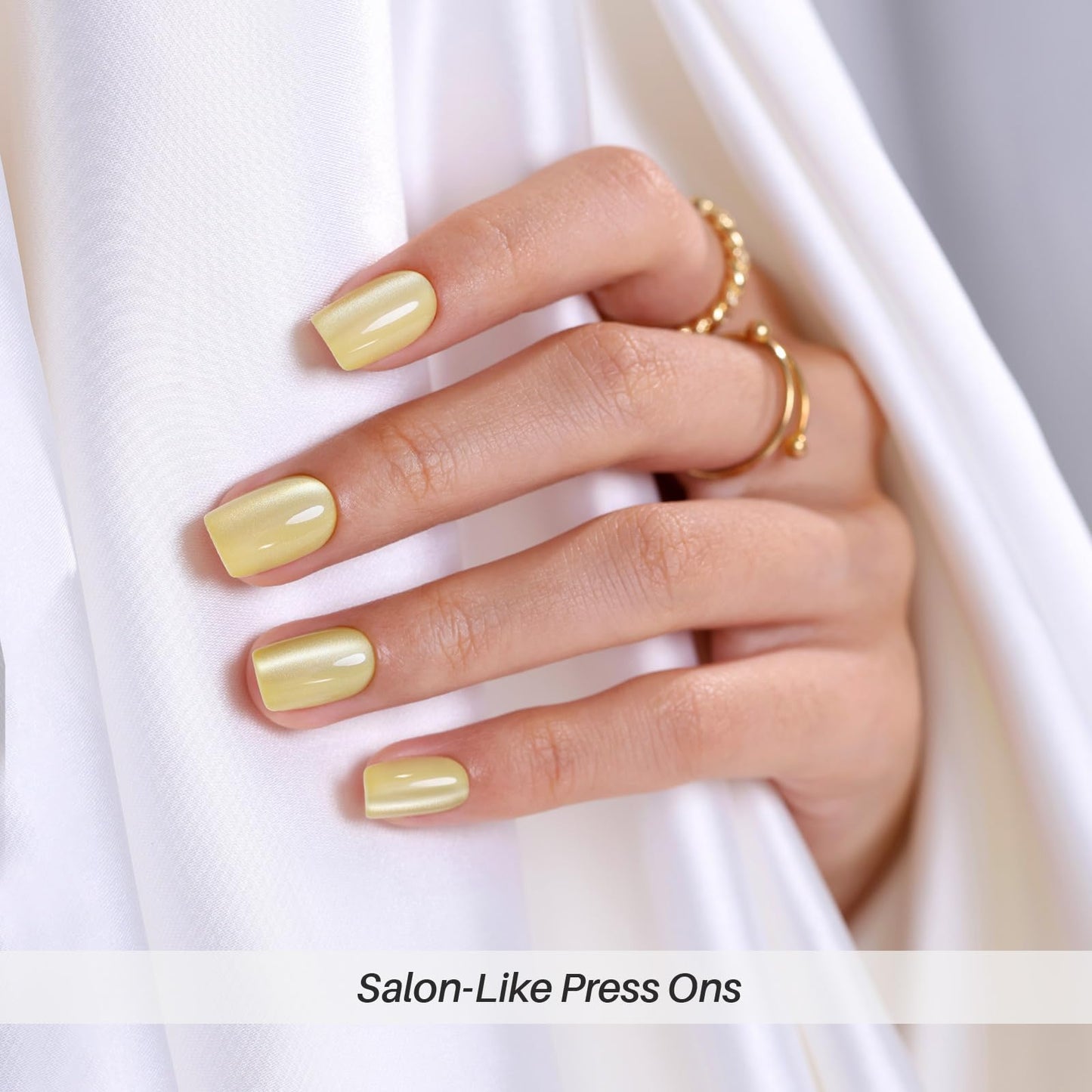 Pastel Yellow Press on Nails Short - SHANGMENG Soft Gel Spring Cat Eye Press on Nails Square for Women Gift, Glossy Glue on Nails in 16 Sizes - 32 Reusable Fake Nails Kit with Glue, Butter Cream