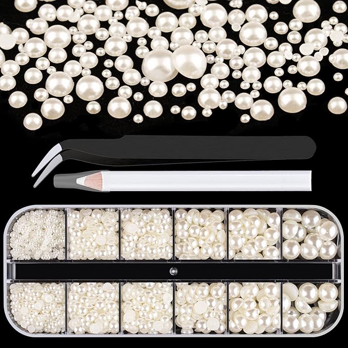 Belleboost Flat Back Pearls Kits 1 Box of Flatback Beige Half Round Pearls with Pickup Pencil and Tweezer for Home DIY and Professional Nail Art, Face Makeup and Craft