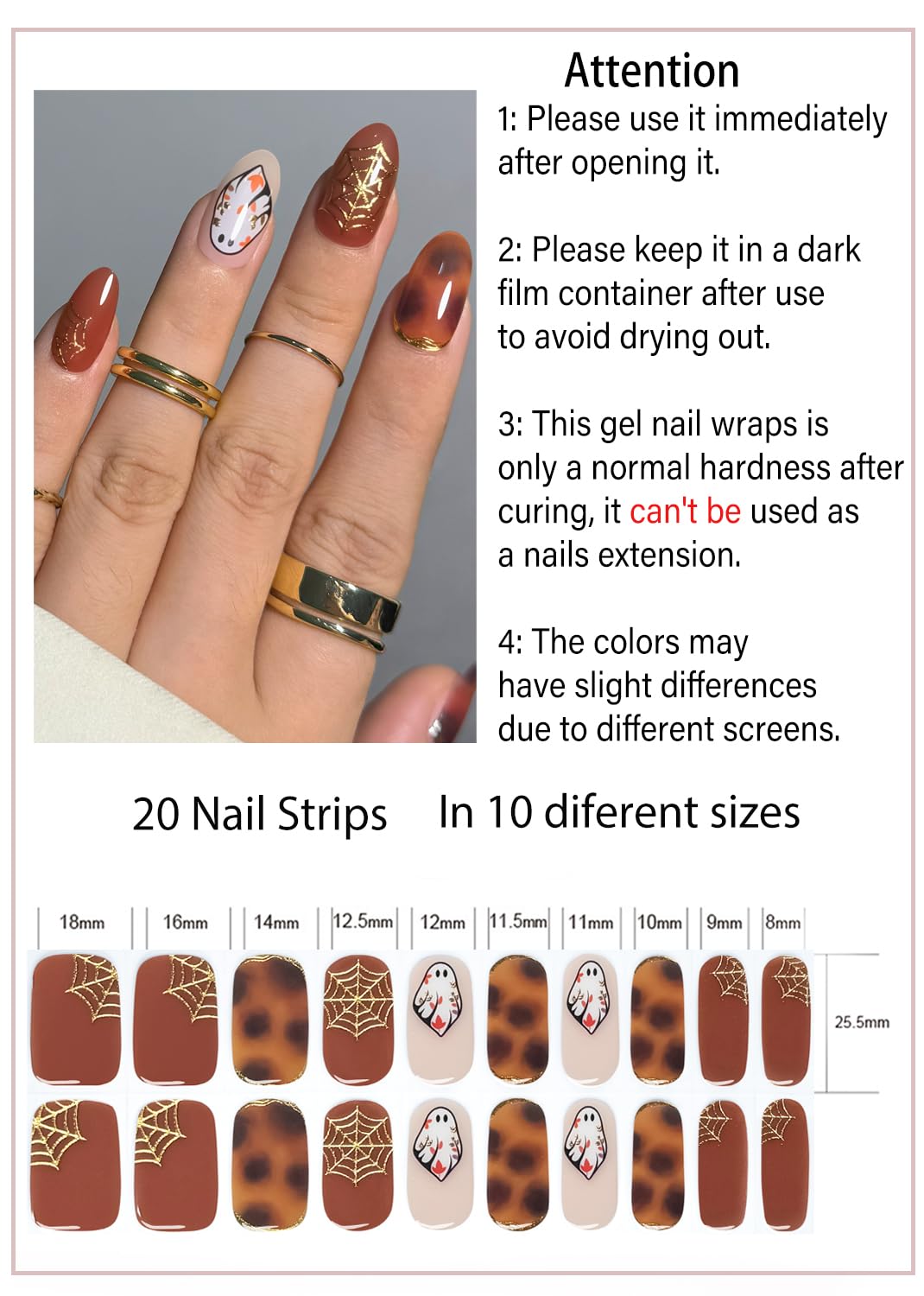 Semi Cured Gel Nail Strips, Brown Ghost 20pcs Adhesive UV Sticker, Wraps for Home Manicure DIY