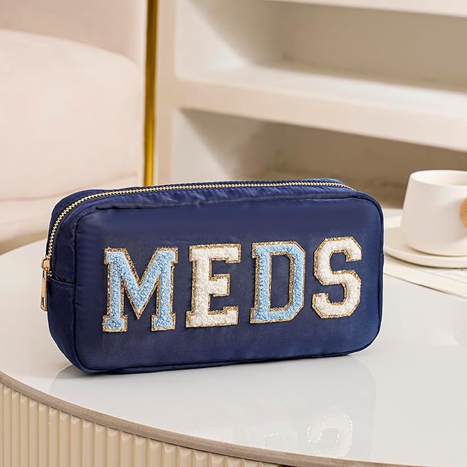 Chenille Letter Patch Nylon Medicine Packages,Cute MEDS Travel Makeup Bag with Metal Zipper, First Aid Purse Organizer Cosmetic Bag for Women and Girls(03Navy)