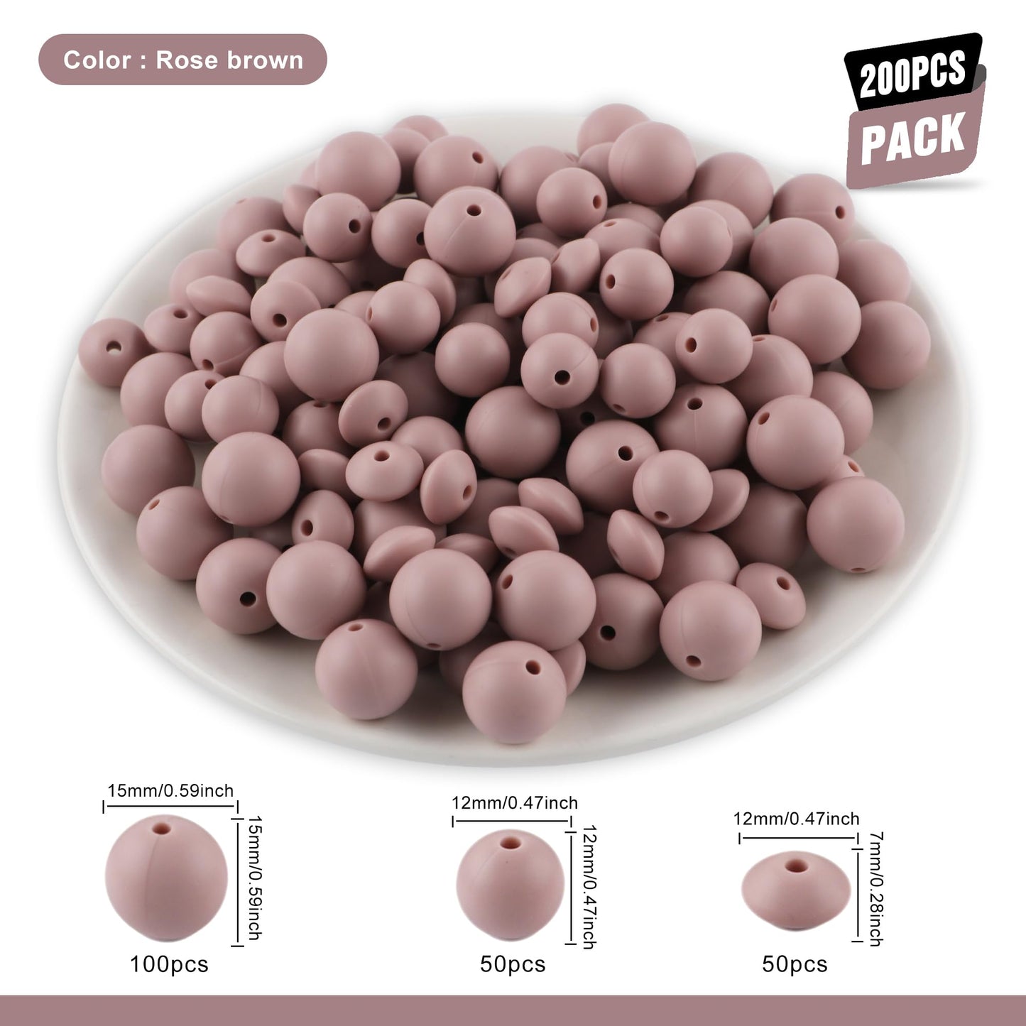 Kovict 200Pcs Mixed 12mm 15mm Silicone Beads for Keychain Making, 12mm Lentil Silicone Beads for Pens Bracelet Necklace DIY Crafts(Rose Brown)